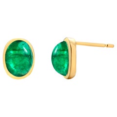 14K Yellow Gold Colombian Cabochon Emerald Bezel Set Stud Earrings