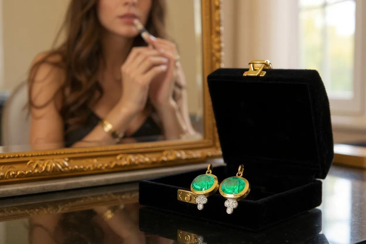 Boucles d'oreilles pendantes en or jaune 14K avec émeraude cabochon et diamant. en vente 3