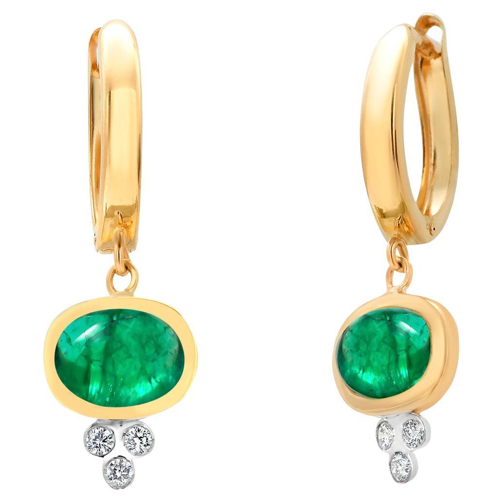 14K Yellow Gold Colombian Cabochon Emerald Diamond Lever Back Drop Earrings