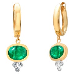 14K Yellow Gold Colombian Cabochon Emerald Diamond Lever Back Drop Earrings