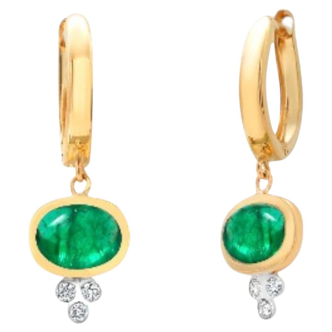 14K Gelbgold kolumbianische Cabochon-Smaragd-Diamant-Tropfen-Ohrringe mit Hebelverschluss