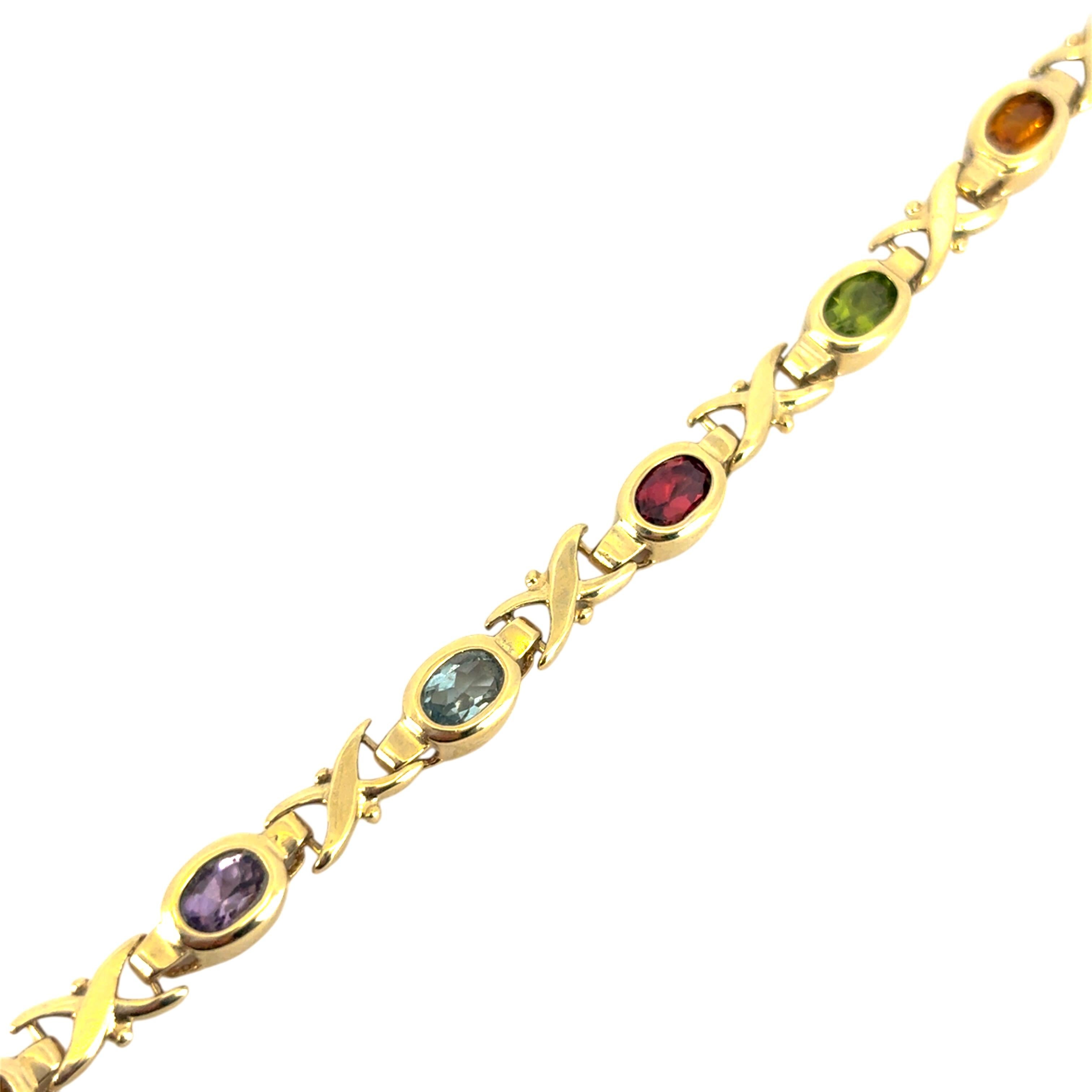 Questo splendido bracciale con pietre in oro 14k è in ottime condizioni ed è pronto per essere spedito!

Materiale: Oro giallo 14K
Chiusura: chiusura a moschettone
Misura: 8 pollici di lunghezza
Dettagli sulle pietre preziose: Questo braccialetto