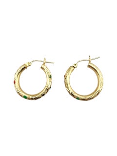 14K Yellow Gold Colored Stones Hoop Earrings #22723