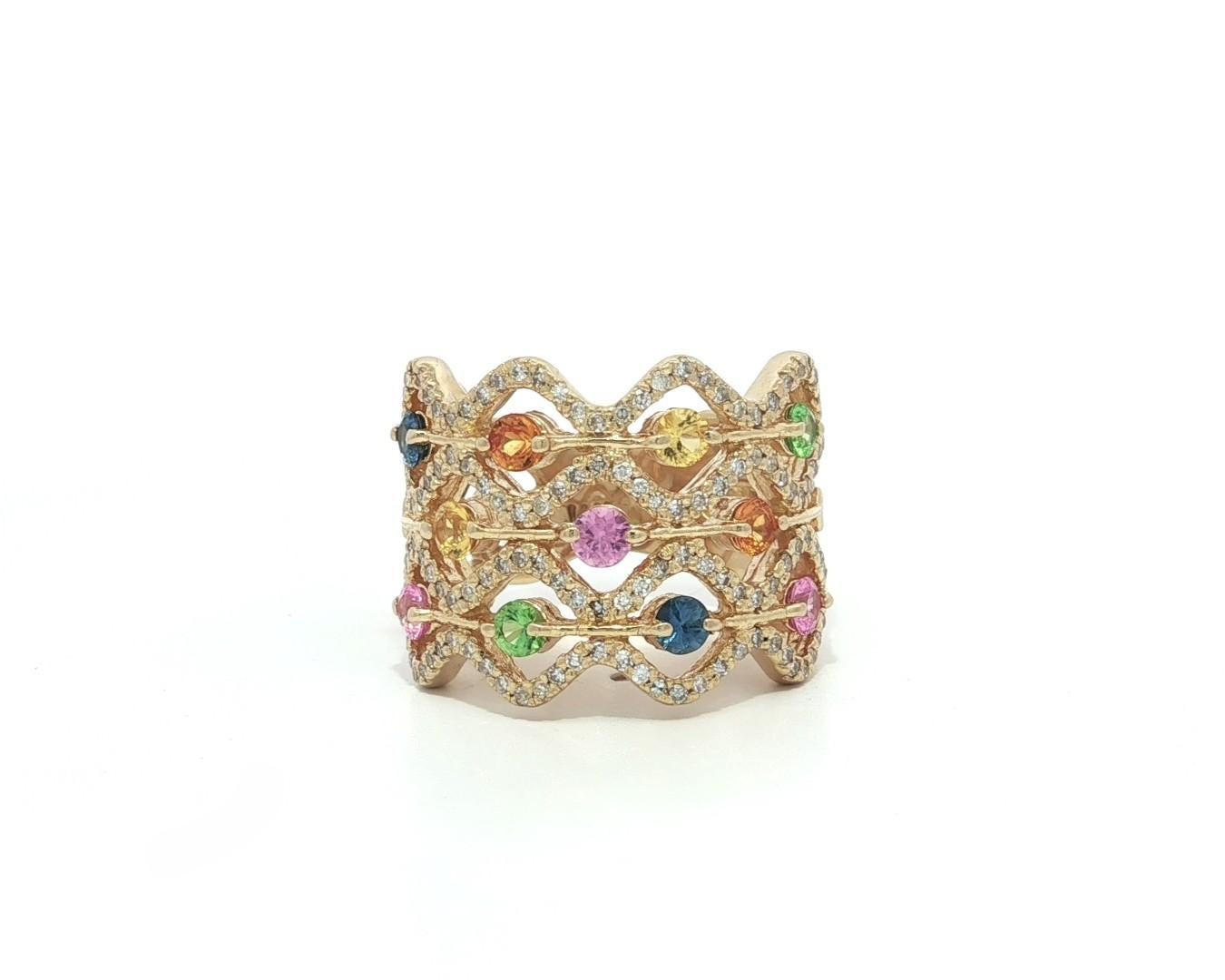 Bague à large bande ondulée en or jaune 14k Tourmaline Topaze Quartz et Diamant en vente 5