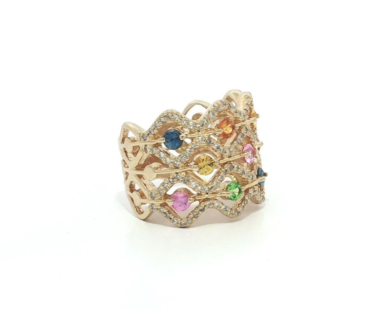 Bague à large bande ondulée en or jaune 14k Tourmaline Topaze Quartz et Diamant en vente 6