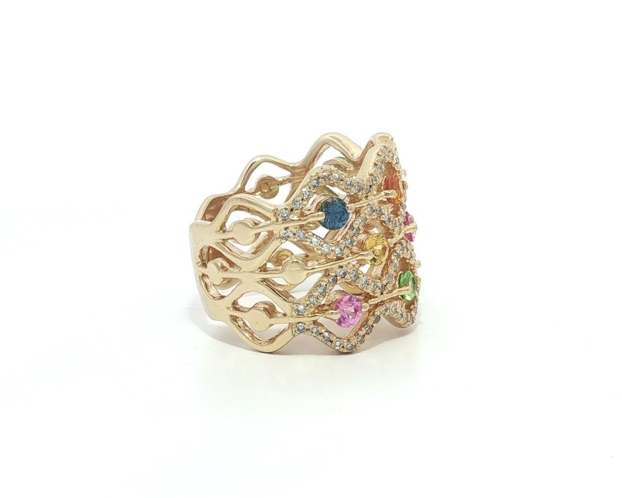 Bague à large bande ondulée en or jaune 14k Tourmaline Topaze Quartz et Diamant en vente 7