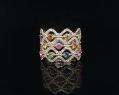 14k Yellow Gold Colorful Tourmaline Topaz Quartz & Diamond Wide Wavy Band Ring
