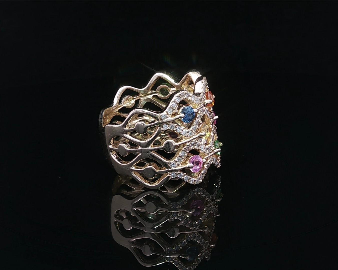 Bague à large bande ondulée en or jaune 14k Tourmaline Topaze Quartz et Diamant Excellent état - En vente à Montclair, NJ
