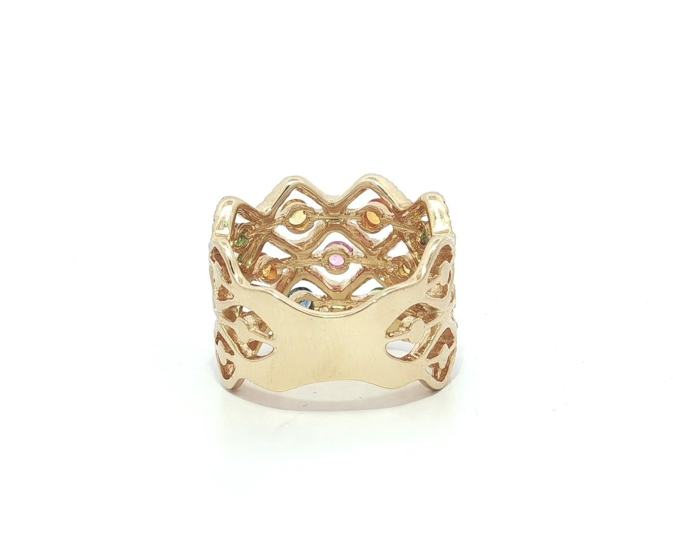 Bague à large bande ondulée en or jaune 14k Tourmaline Topaze Quartz et Diamant en vente 2