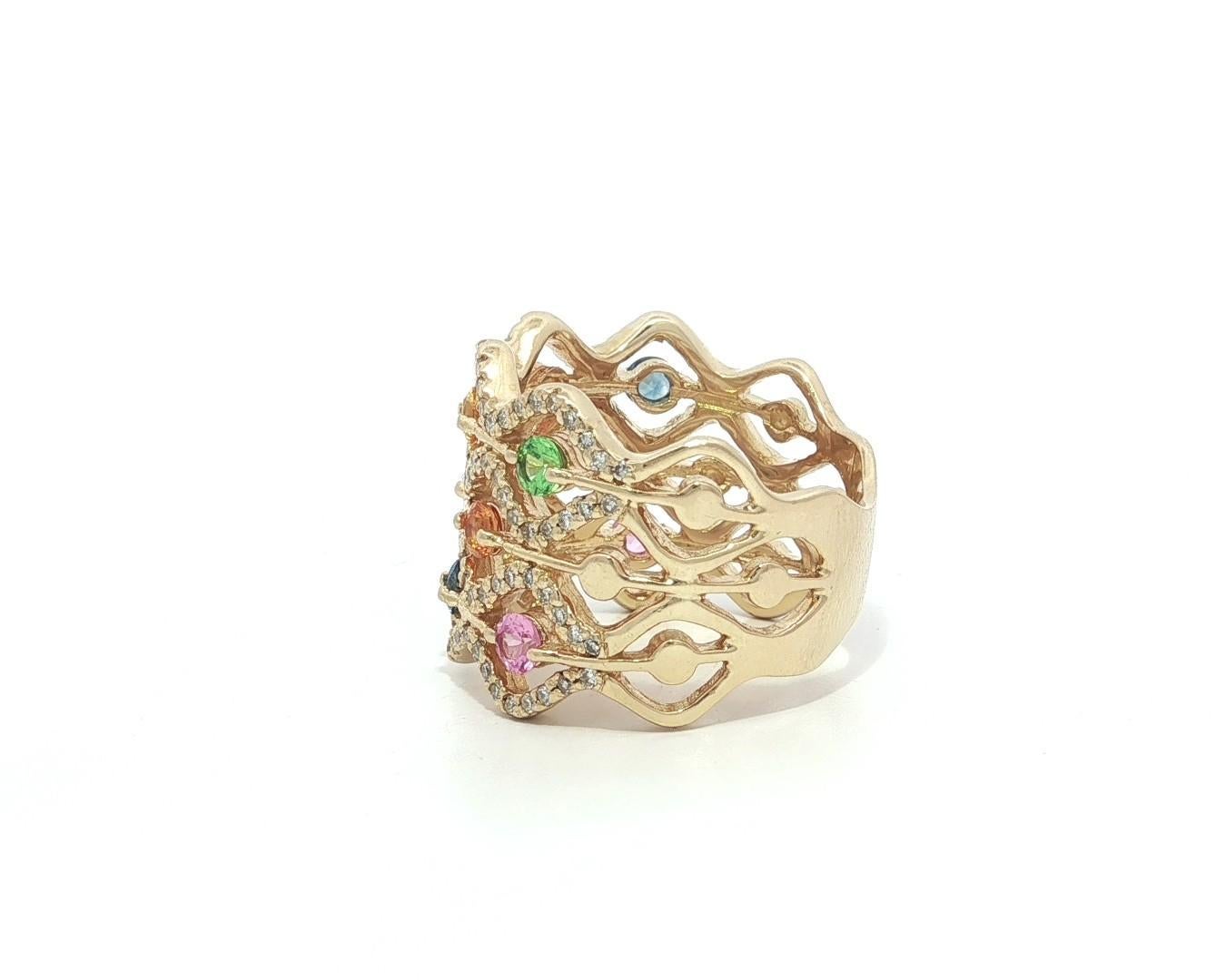 Bague à large bande ondulée en or jaune 14k Tourmaline Topaze Quartz et Diamant en vente 3