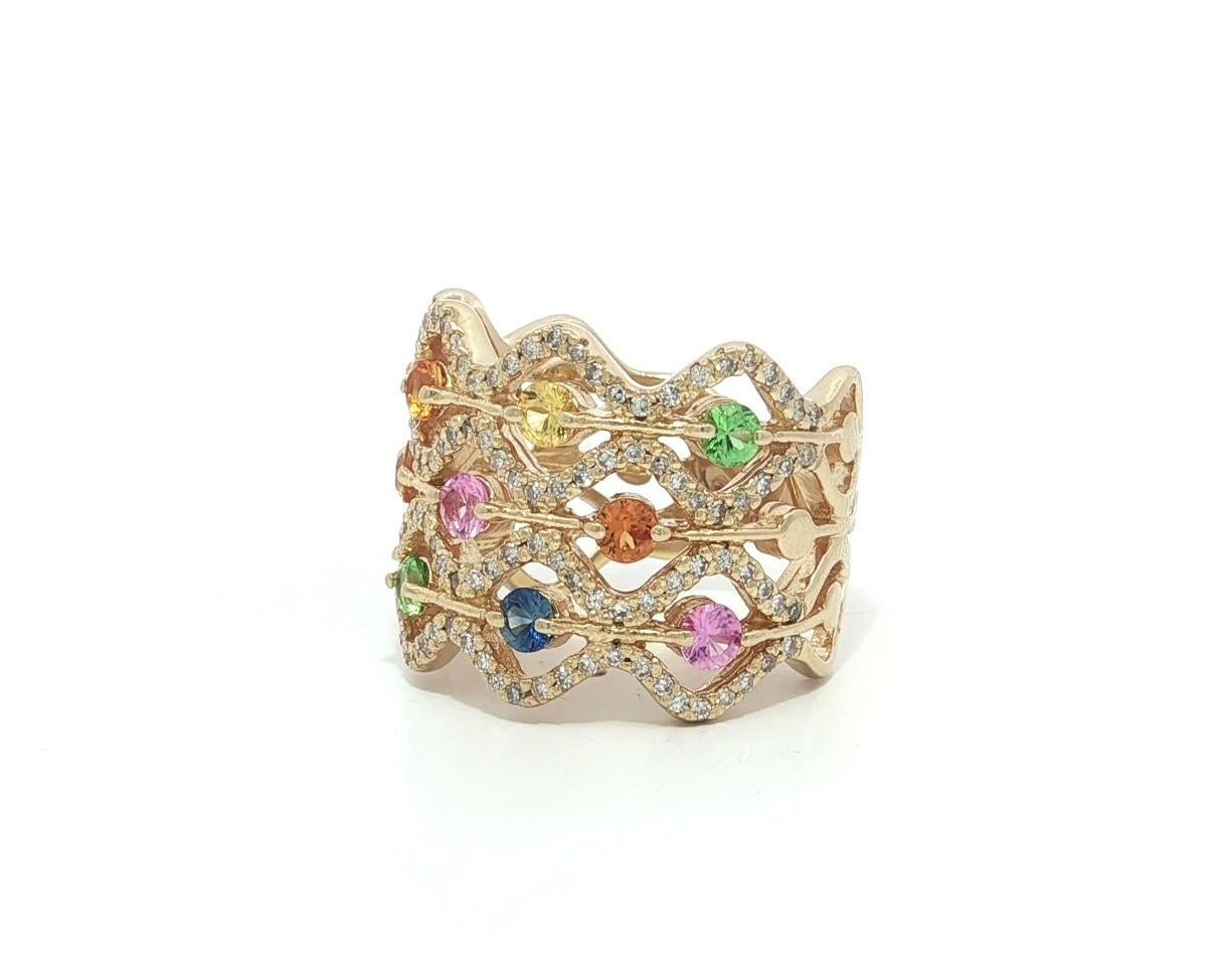 Bague à large bande ondulée en or jaune 14k Tourmaline Topaze Quartz et Diamant en vente 4