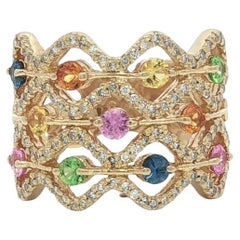 Bague à large bande ondulée en or jaune 14k Tourmaline Topaze Quartz et Diamant