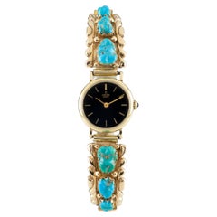 Vintage 14k Yellow Gold Concord Quartz Watch w/ 14k Gold Wayne & Virginia Quam Turquoise