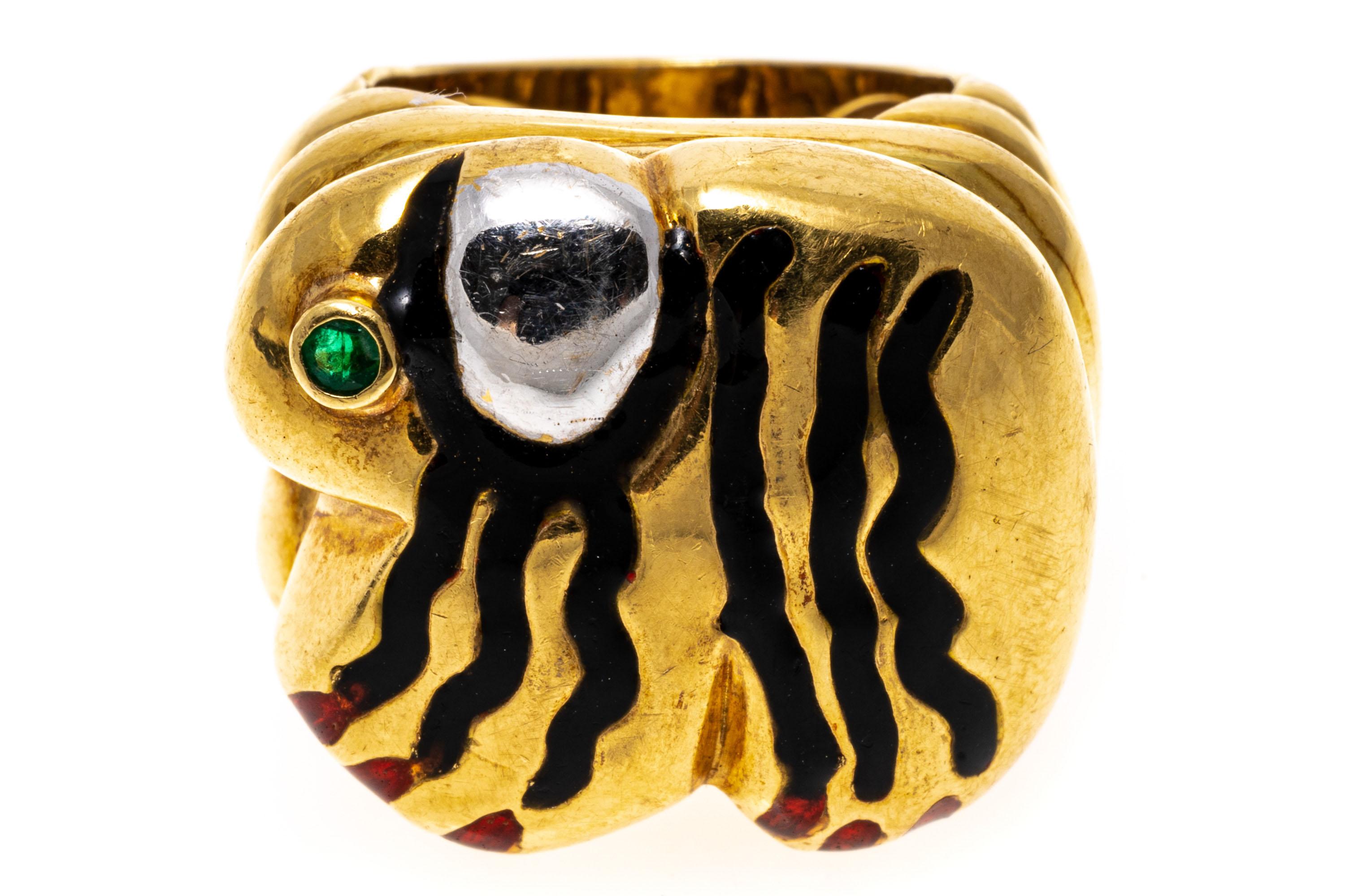 Women's 14k Yellow Gold Contemporary Black and Red Enamel Animal Dome Ring For Sale