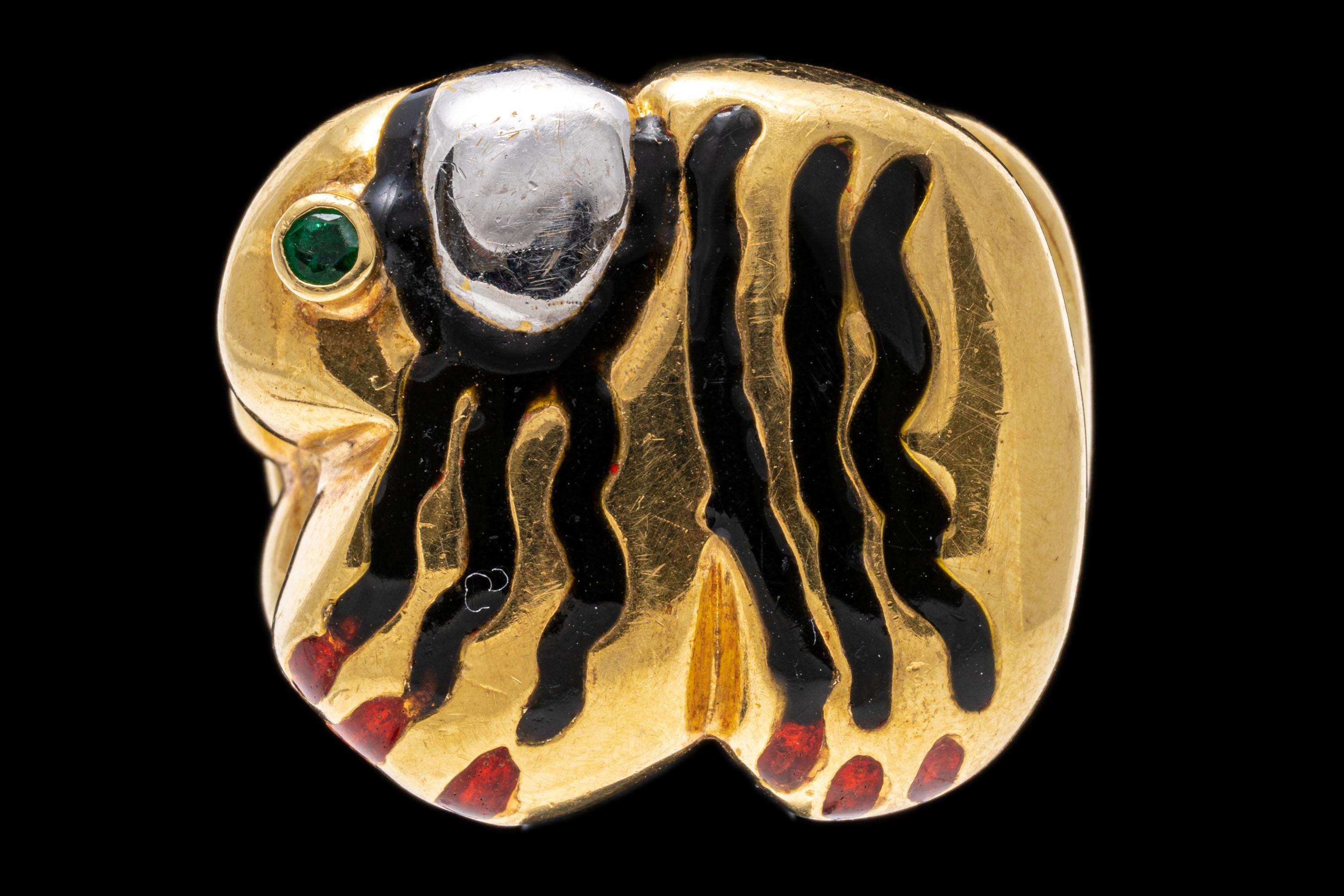 14k Yellow Gold Contemporary Black and Red Enamel Animal Dome Ring For Sale 2