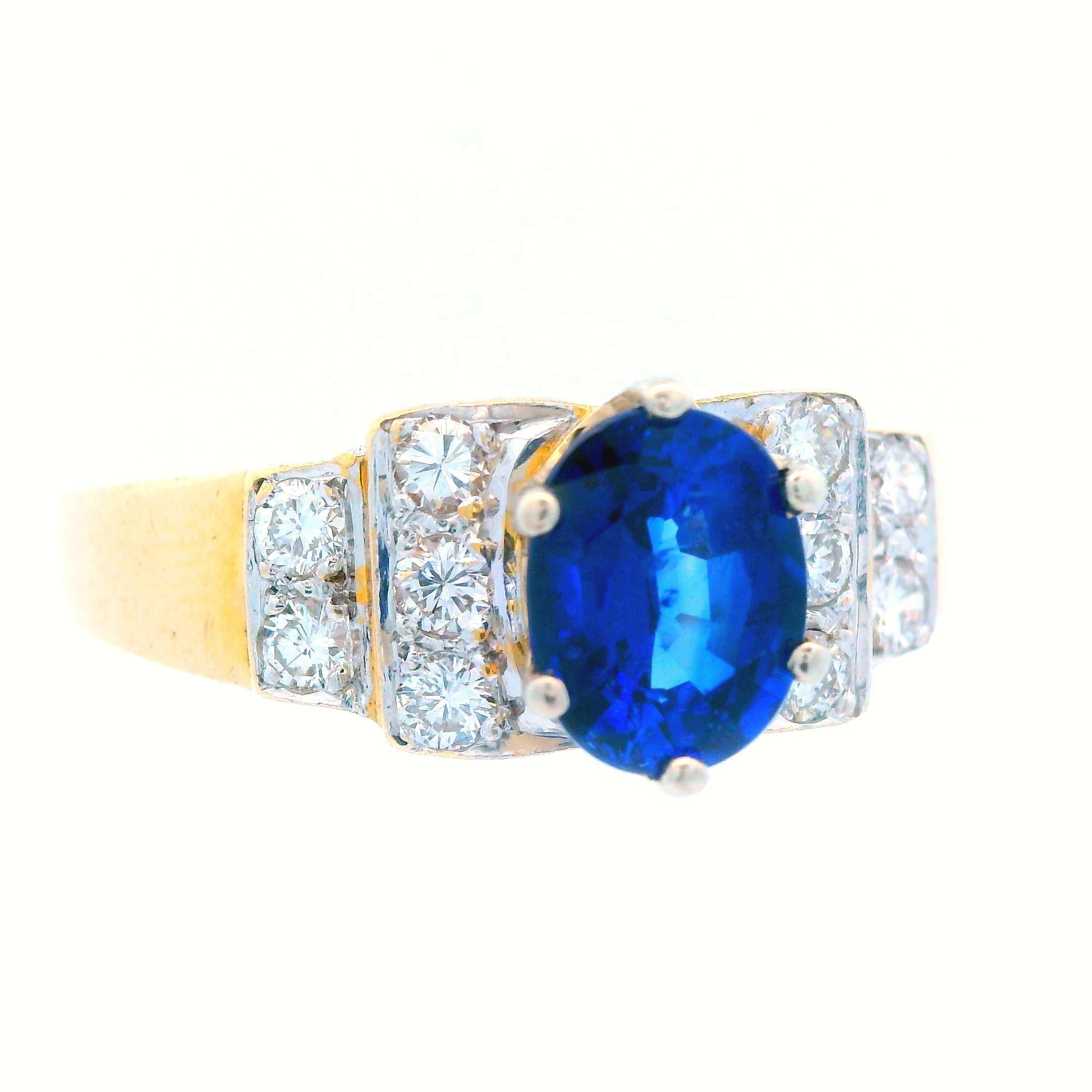 Oval Cut 14K Yellow Gold Contemporary Blue Sapphire & Diamond Ring