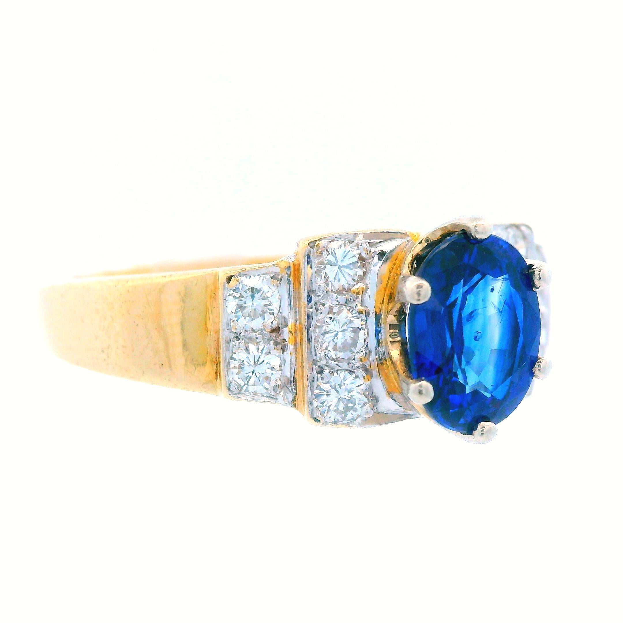 14K Yellow Gold Contemporary Blue Sapphire & Diamond Ring For Sale 1