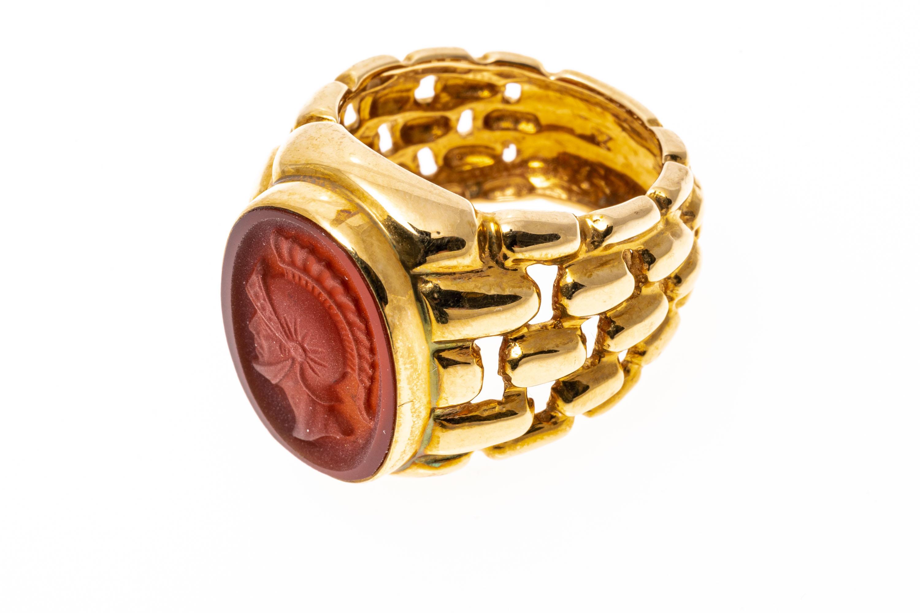 Greek Revival 14k Yellow Gold Contemporary Carnelian Solider Cameo Signet Style Ring For Sale