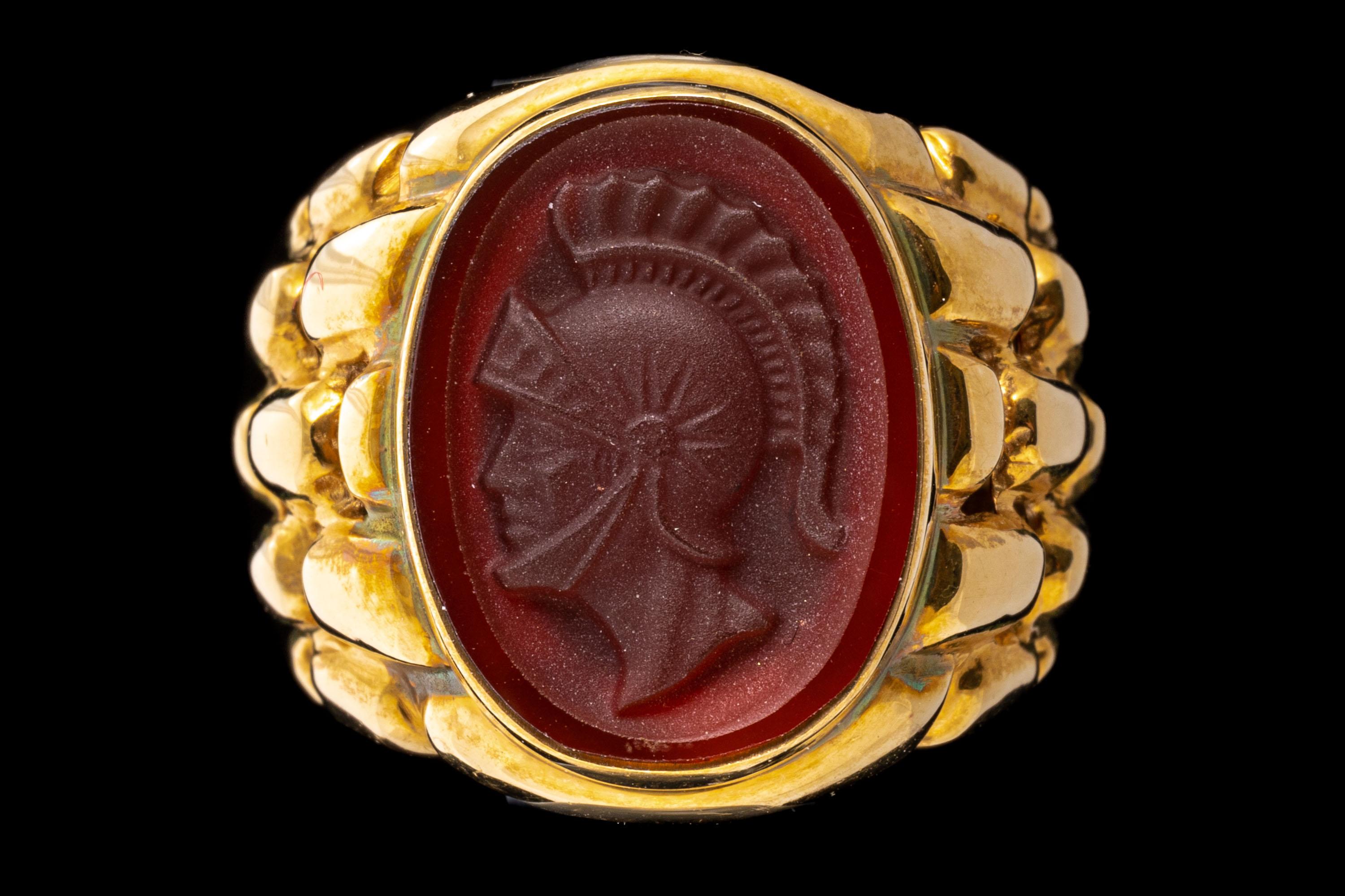 14k Yellow Gold Contemporary Carnelian Solider Cameo Signet Style Ring In Good Condition For Sale In Southport, CT
