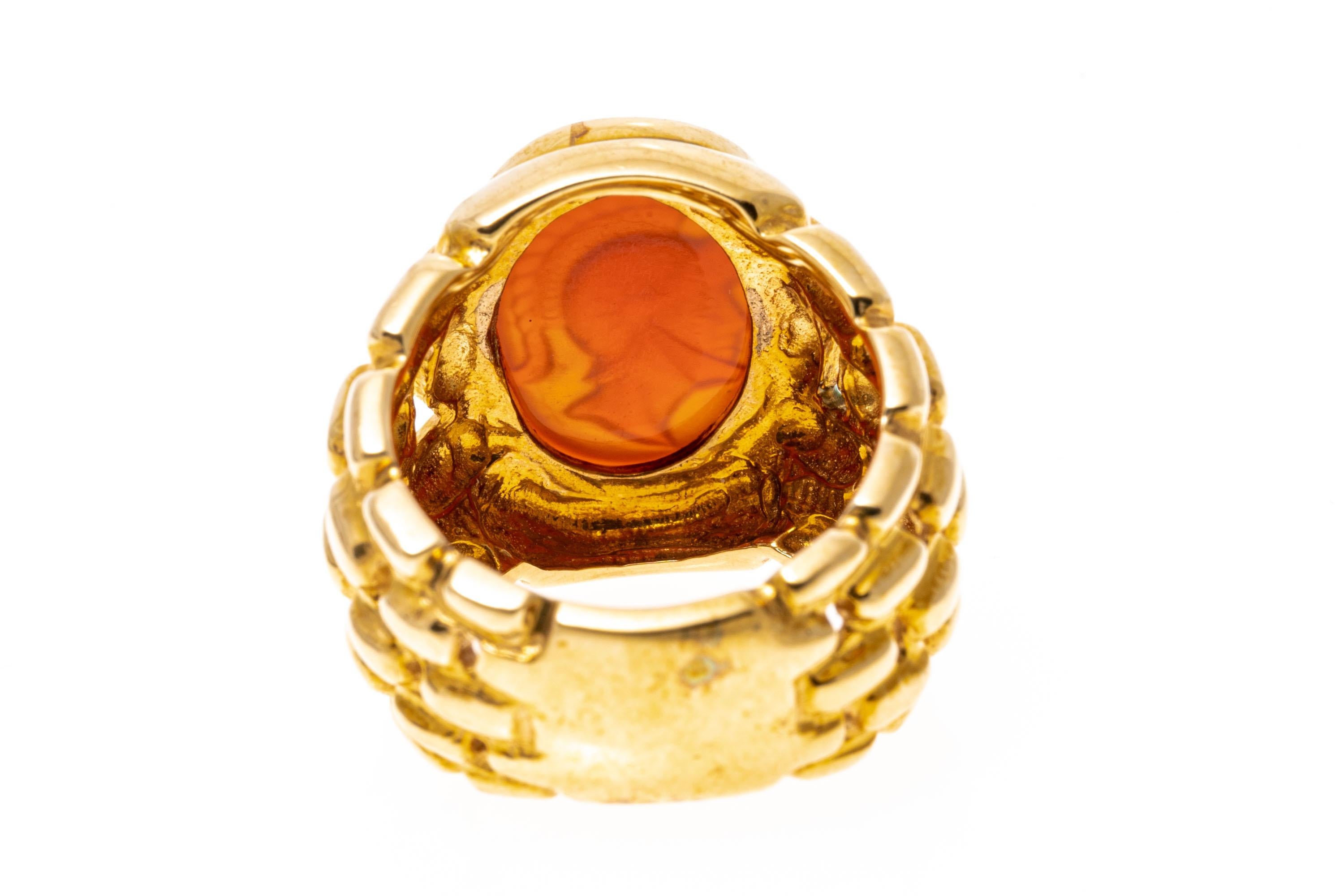 Women's 14k Yellow Gold Contemporary Carnelian Solider Cameo Signet Style Ring For Sale