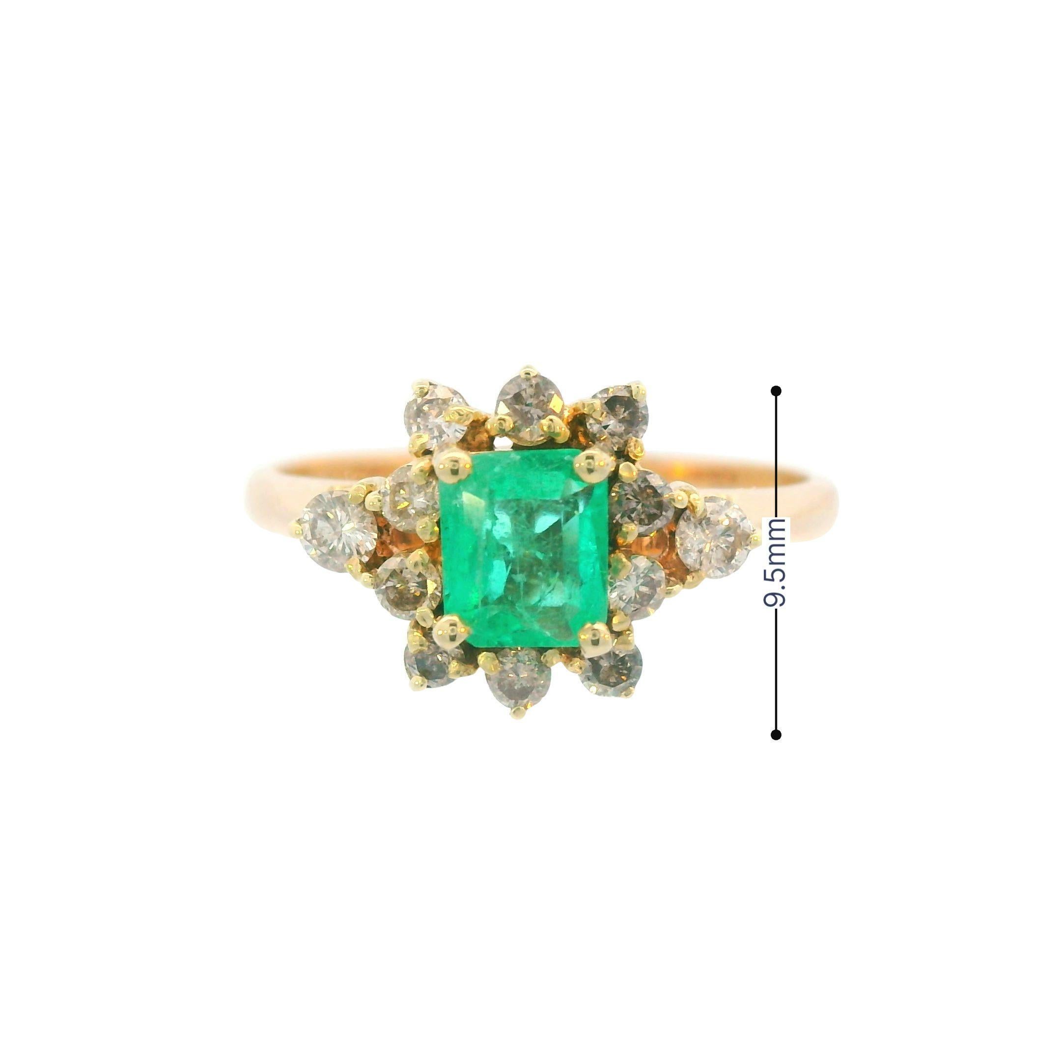 14K Yellow Gold Contemporary Emerald and Diamond Halo Ring For Sale 5