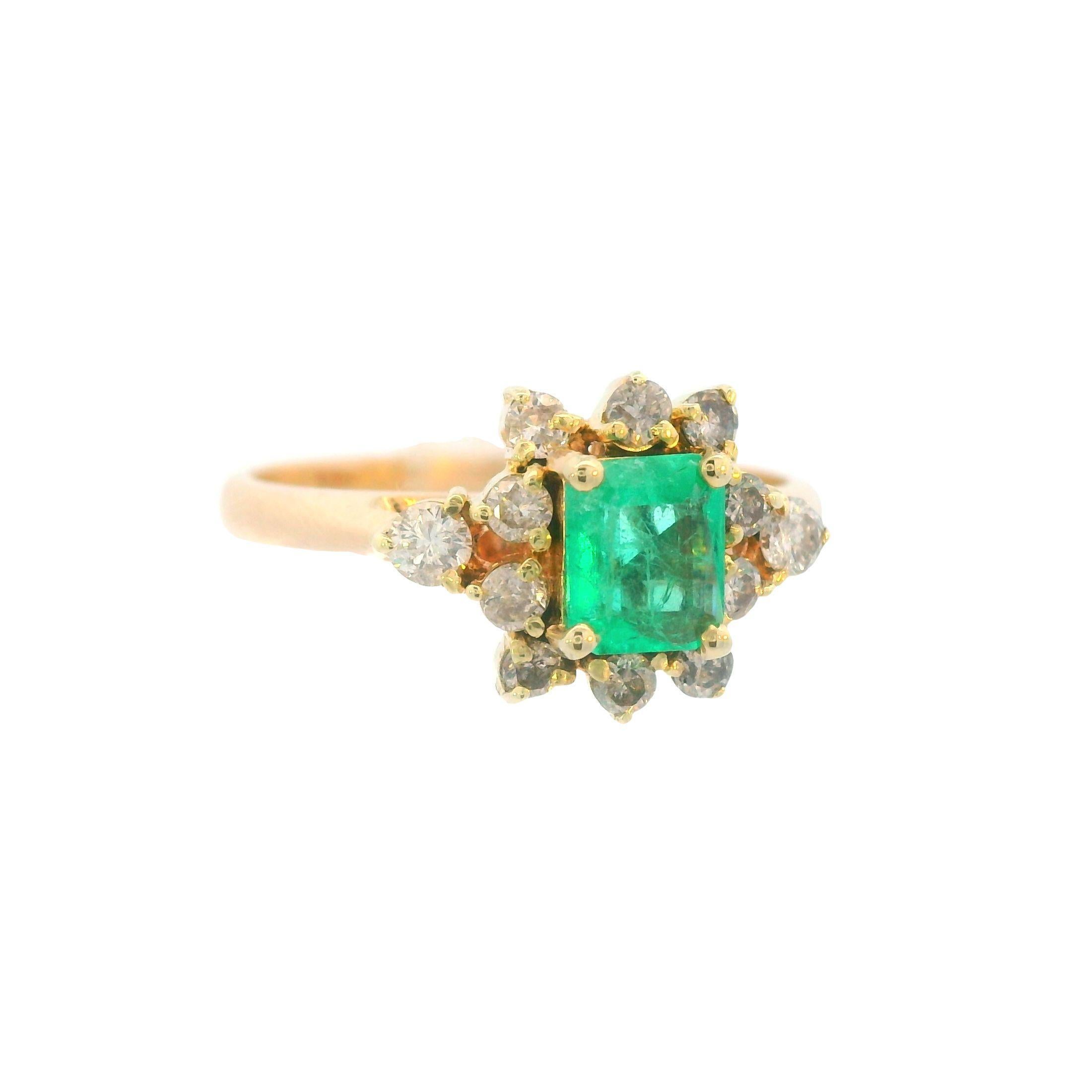 Emerald Cut 14K Yellow Gold Contemporary Emerald and Diamond Halo Ring For Sale