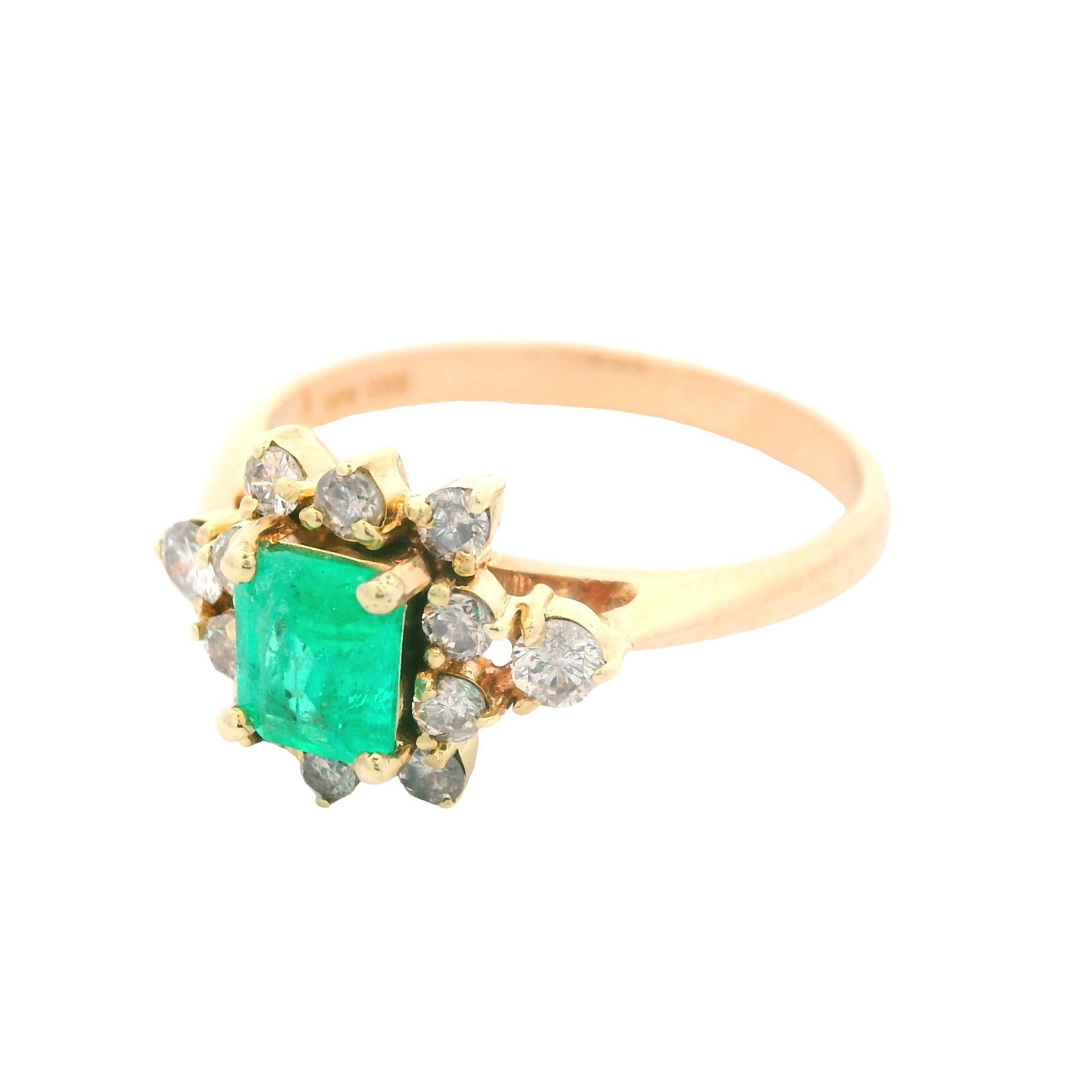 14K Yellow Gold Contemporary Emerald and Diamond Halo Ring For Sale 2