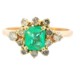 14K Yellow Gold Contemporary Emerald and Diamond Halo Ring