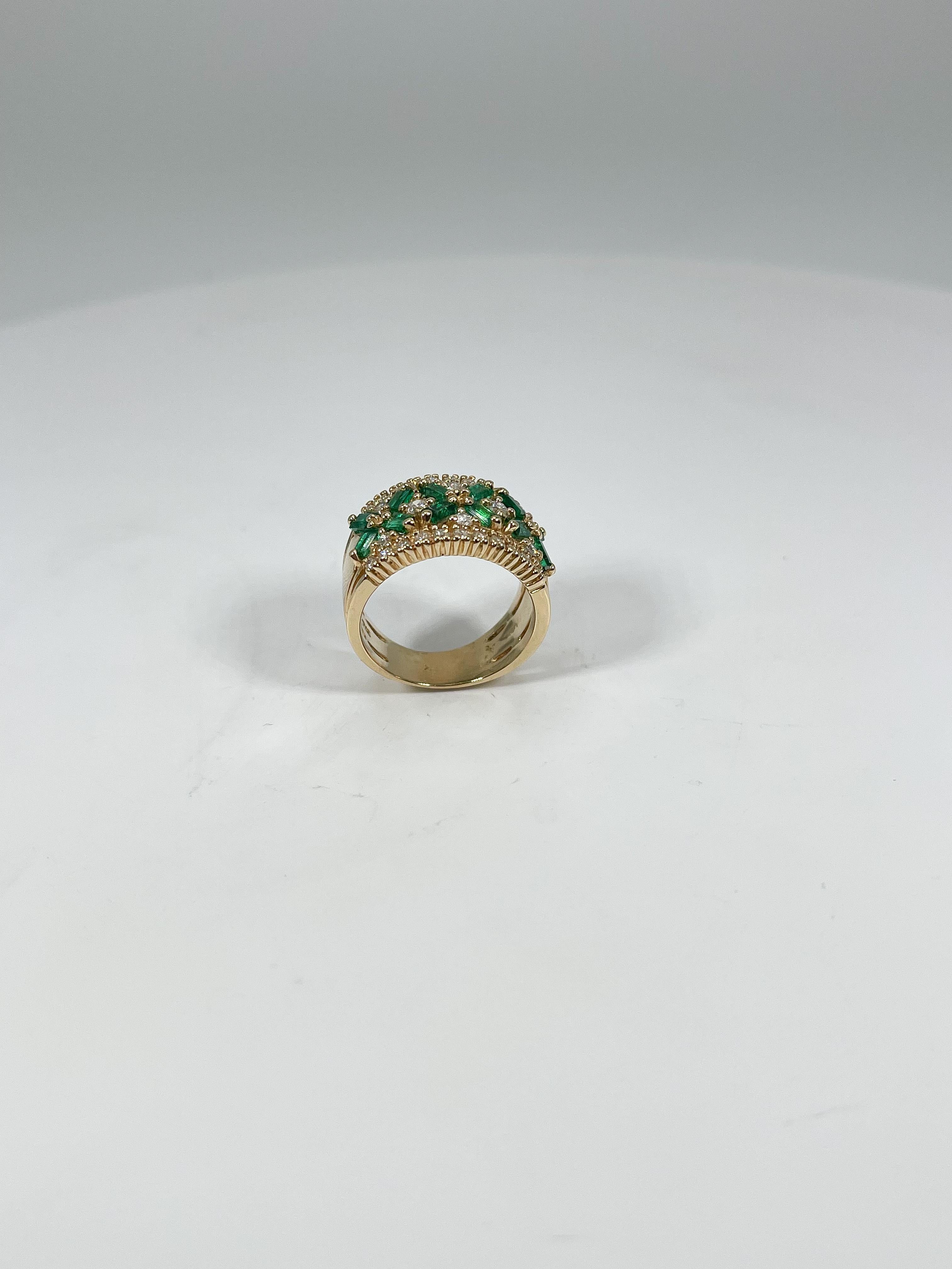Baguette Cut 14K Yellow Gold Contemporary Emerald and Diamond Ring  For Sale