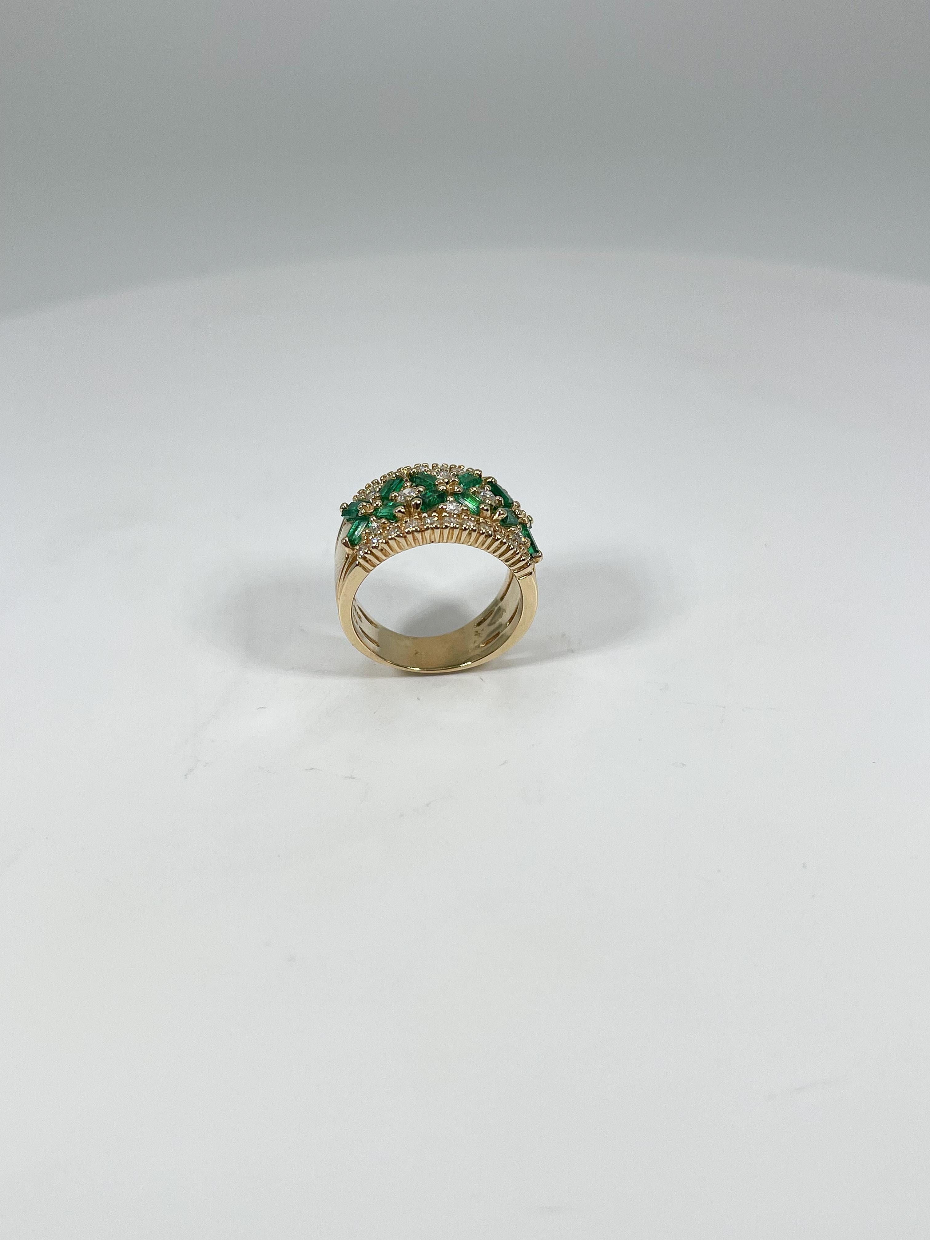 Baguette Cut 14K Yellow Gold Contemporary Emerald and Diamond Ring For Sale