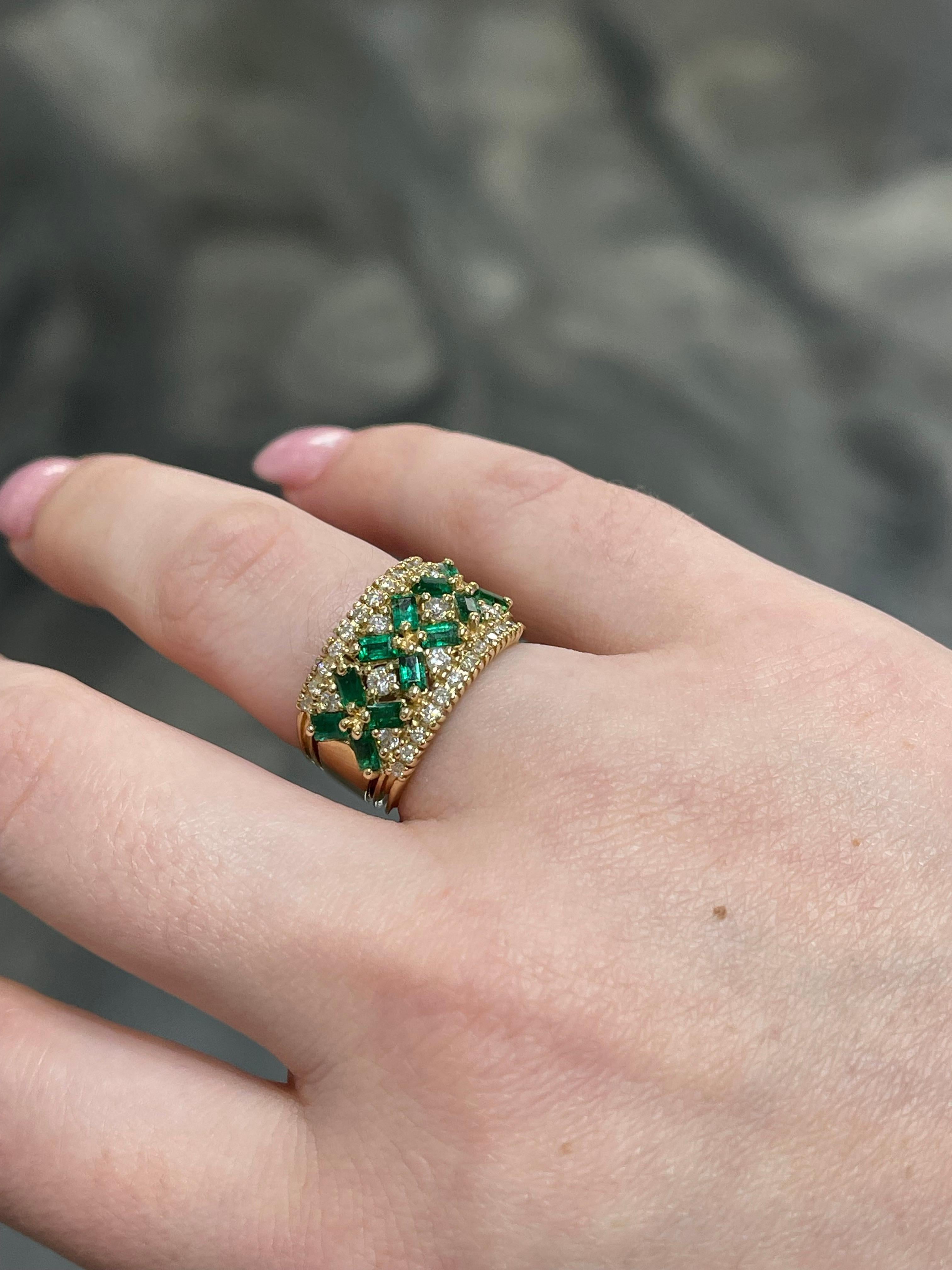 Women's 14K Yellow Gold Contemporary Emerald and Diamond Ring For Sale