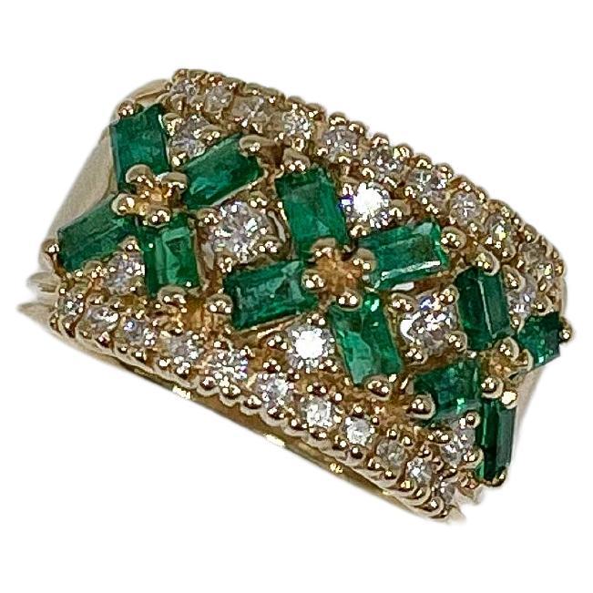 14K Yellow Gold Contemporary Emerald and Diamond Ring  For Sale