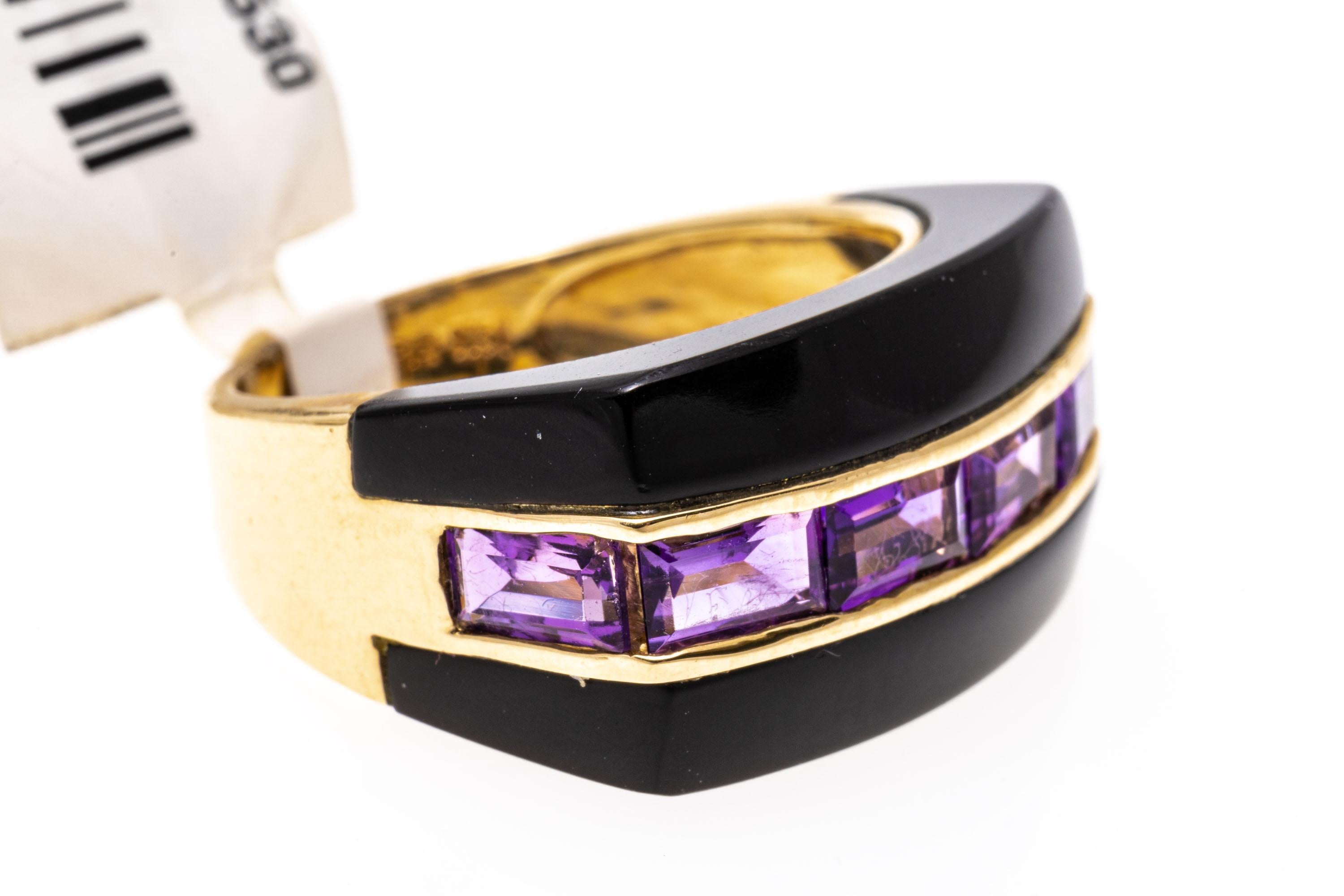 Emerald Cut 14k Yellow Gold Contemporary Horizontal Black Onyx and Amethyst Ring For Sale