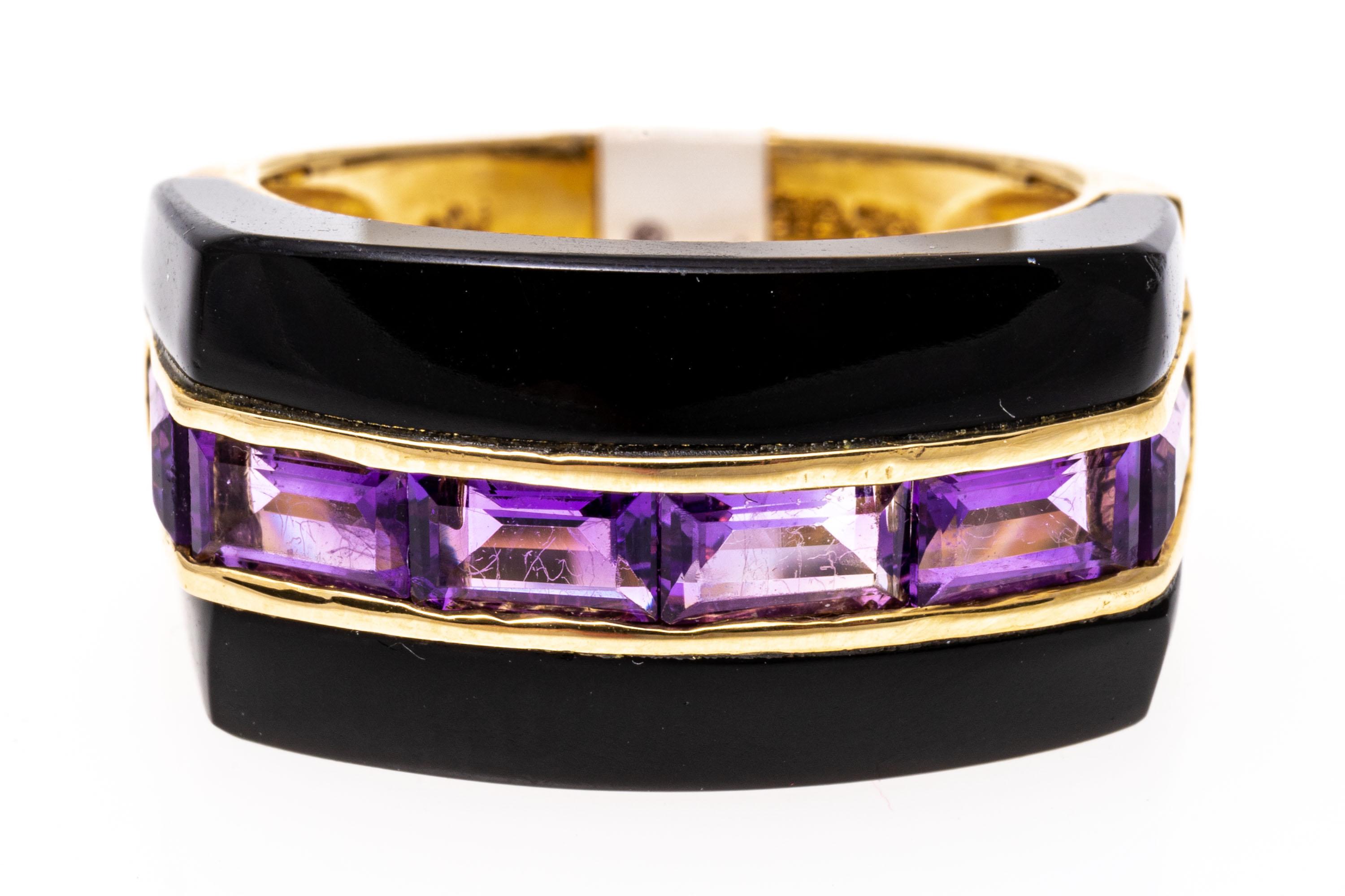 Zeitgenössischer horizontaler Ring aus 14 Karat Gelbgold mit schwarzem Onyx und Amethyst Damen im Angebot