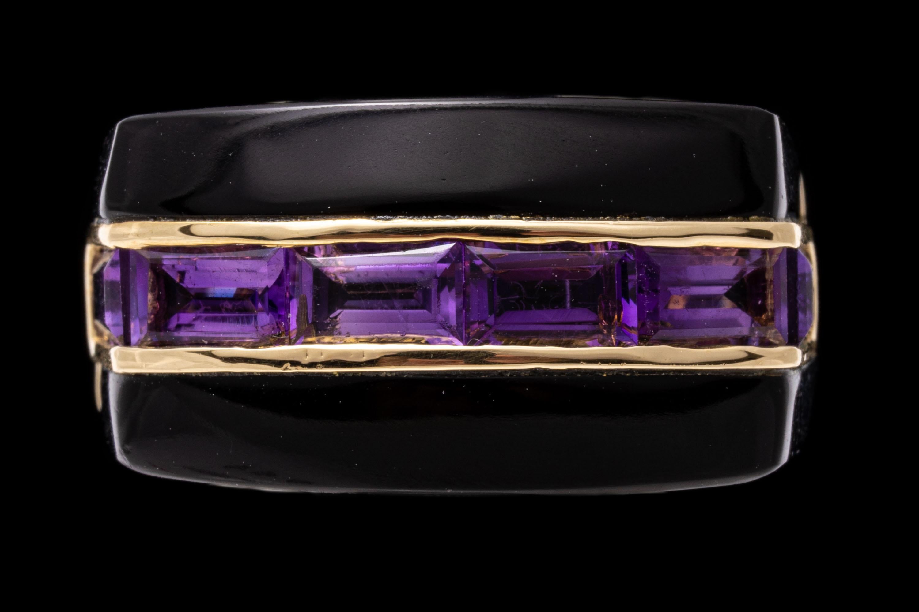 14k Yellow Gold Contemporary Horizontal Black Onyx and Amethyst Ring For Sale 3