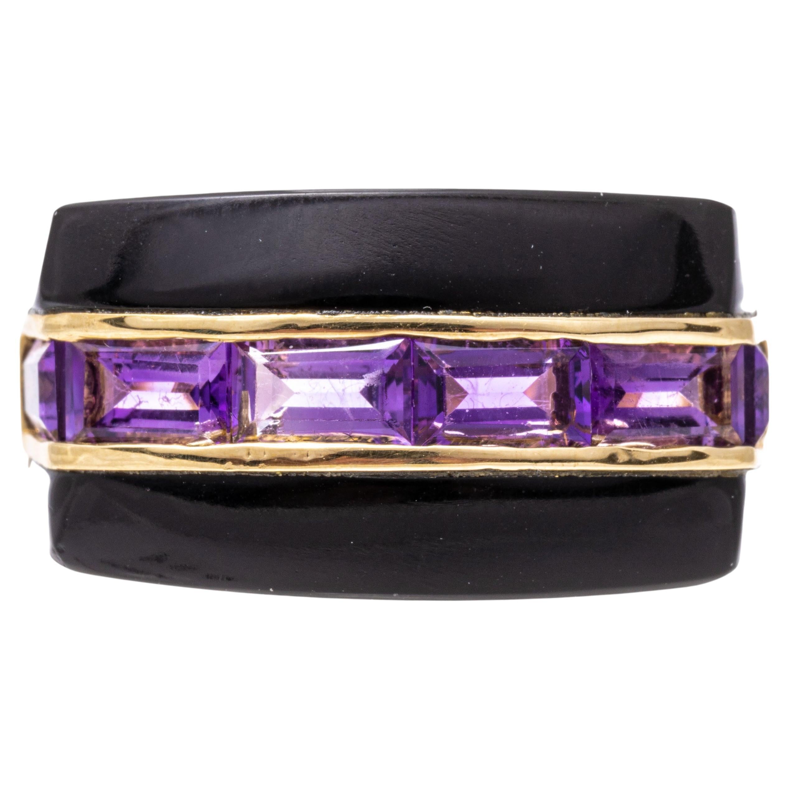 14k Yellow Gold Contemporary Horizontal Black Onyx and Amethyst Ring For Sale