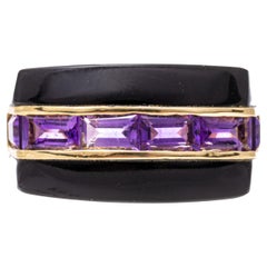 Vintage 14k Yellow Gold Contemporary Horizontal Black Onyx and Amethyst Ring