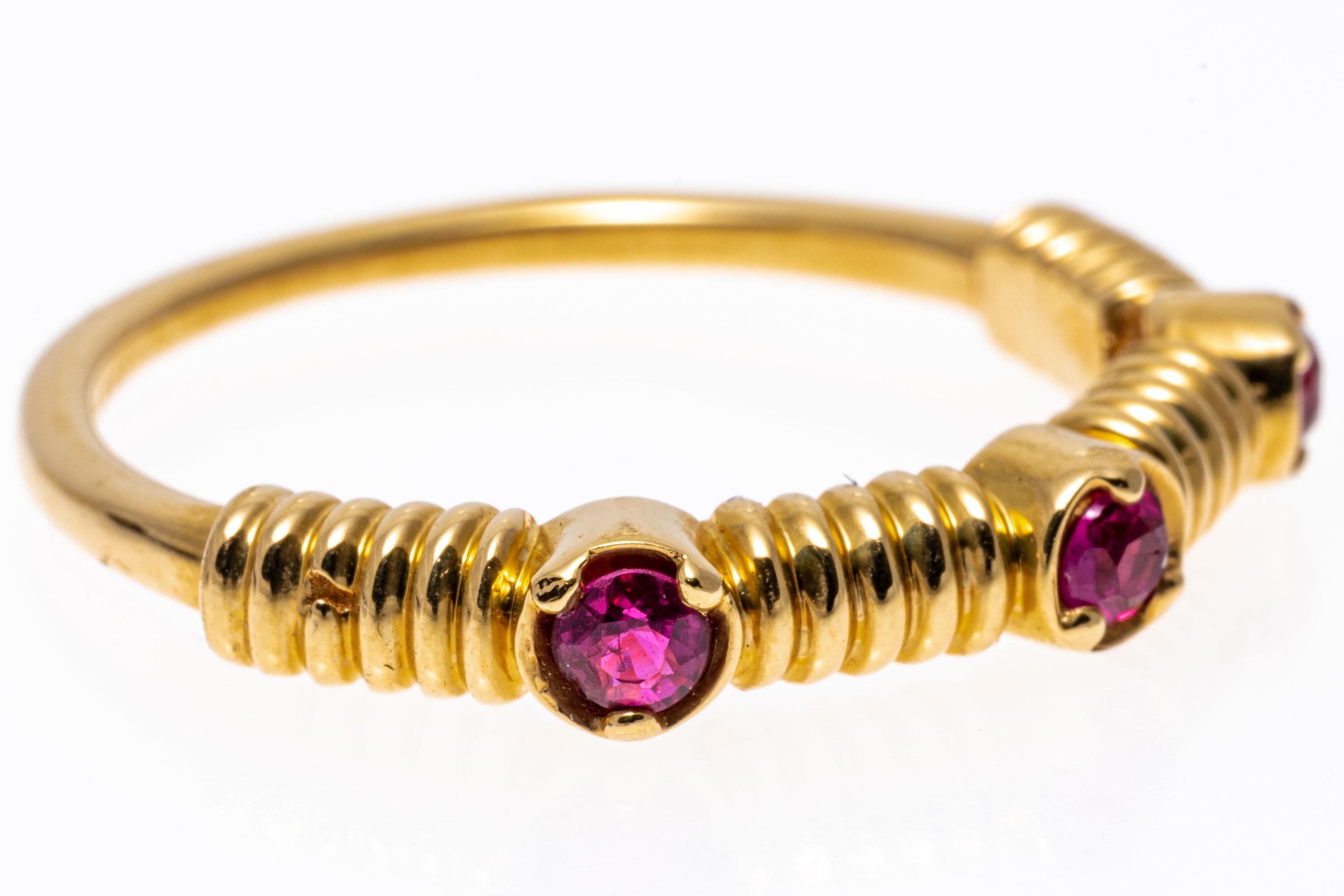 Round Cut 14k Yellow Gold Contemporary Ribbed Ruby Band Ring For Sale