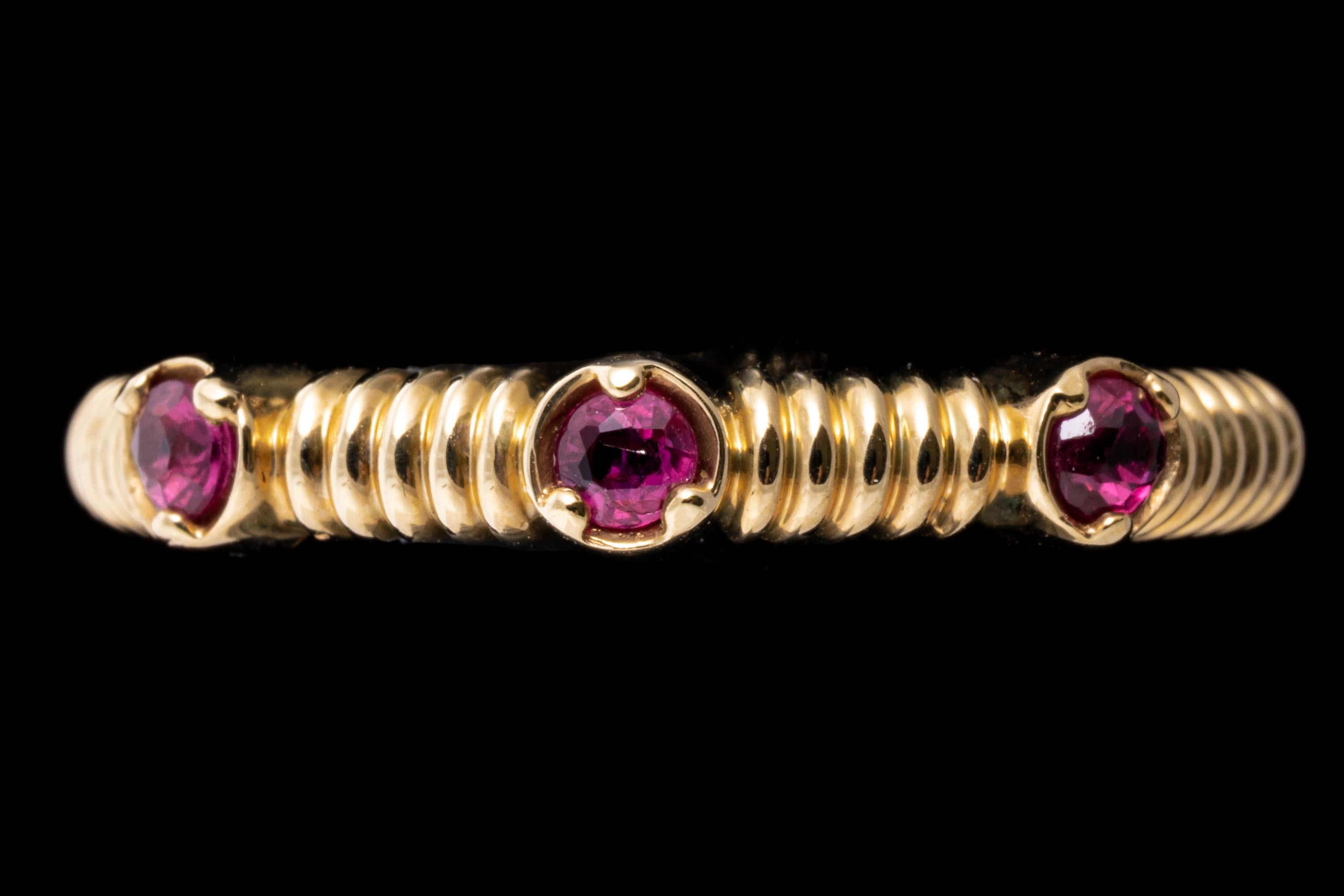 14k Yellow Gold Contemporary Ribbed Ruby Band Ring For Sale 1