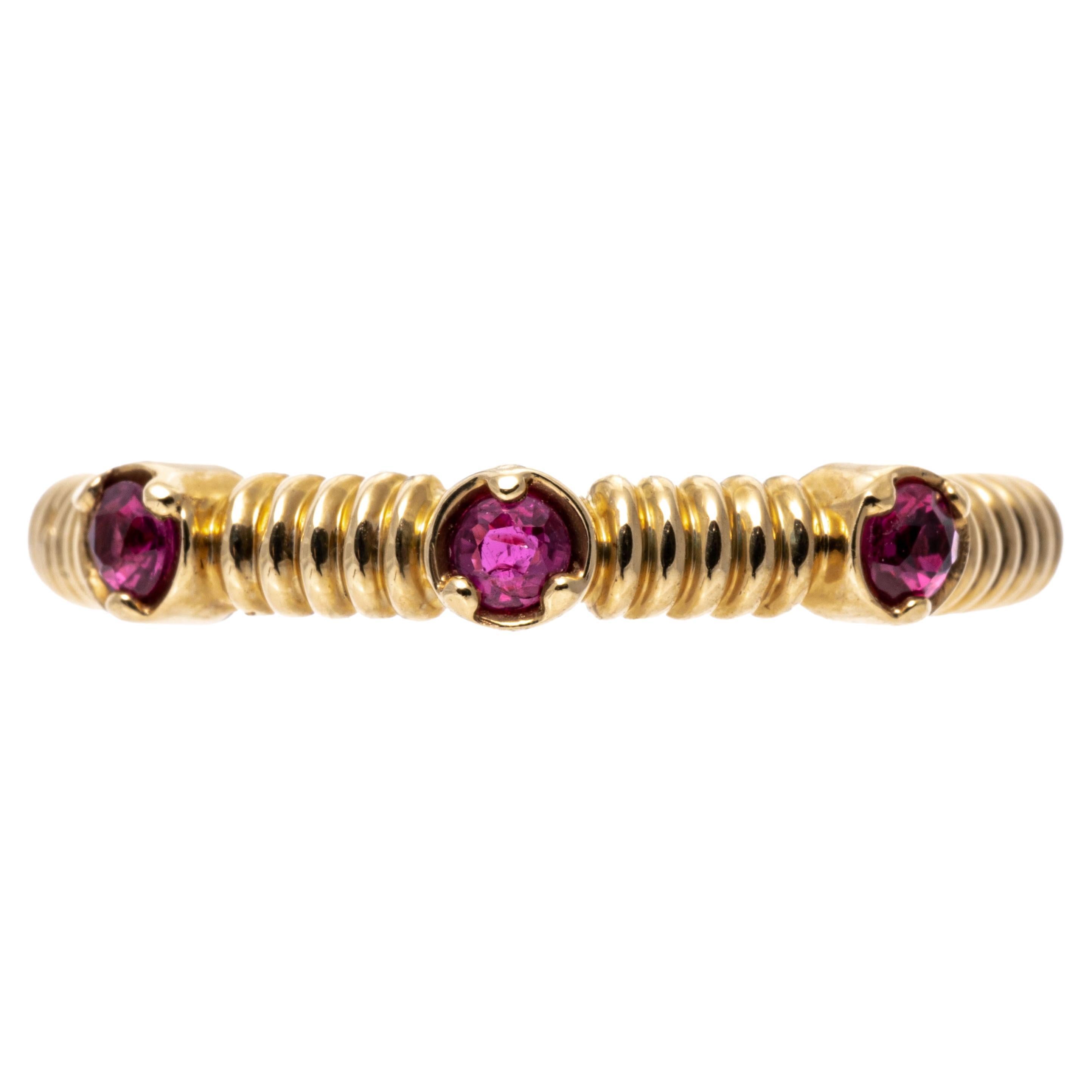 14k Yellow Gold Contemporary Ribbed Ruby Band Ring For Sale