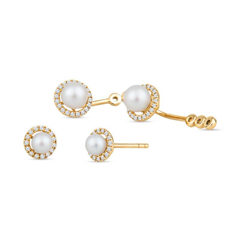 These earrings feature two freshwater pearls surrounded by .20ctw of round diamonds set in 14k yellow gold. These versatile earrings can be worn as a stud or the drop can be added for a different look. You will have two different looks to match your