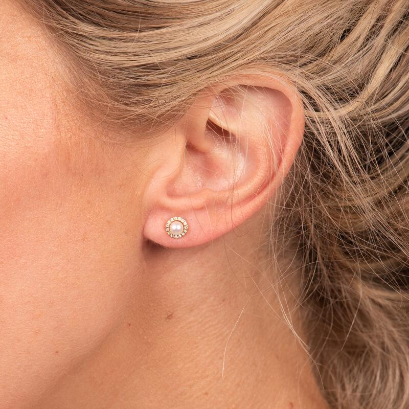 Women's or Men's 14k Yellow Gold Convertible Freshwater Pearl Earrings w/ .20ctw Diamond Halo