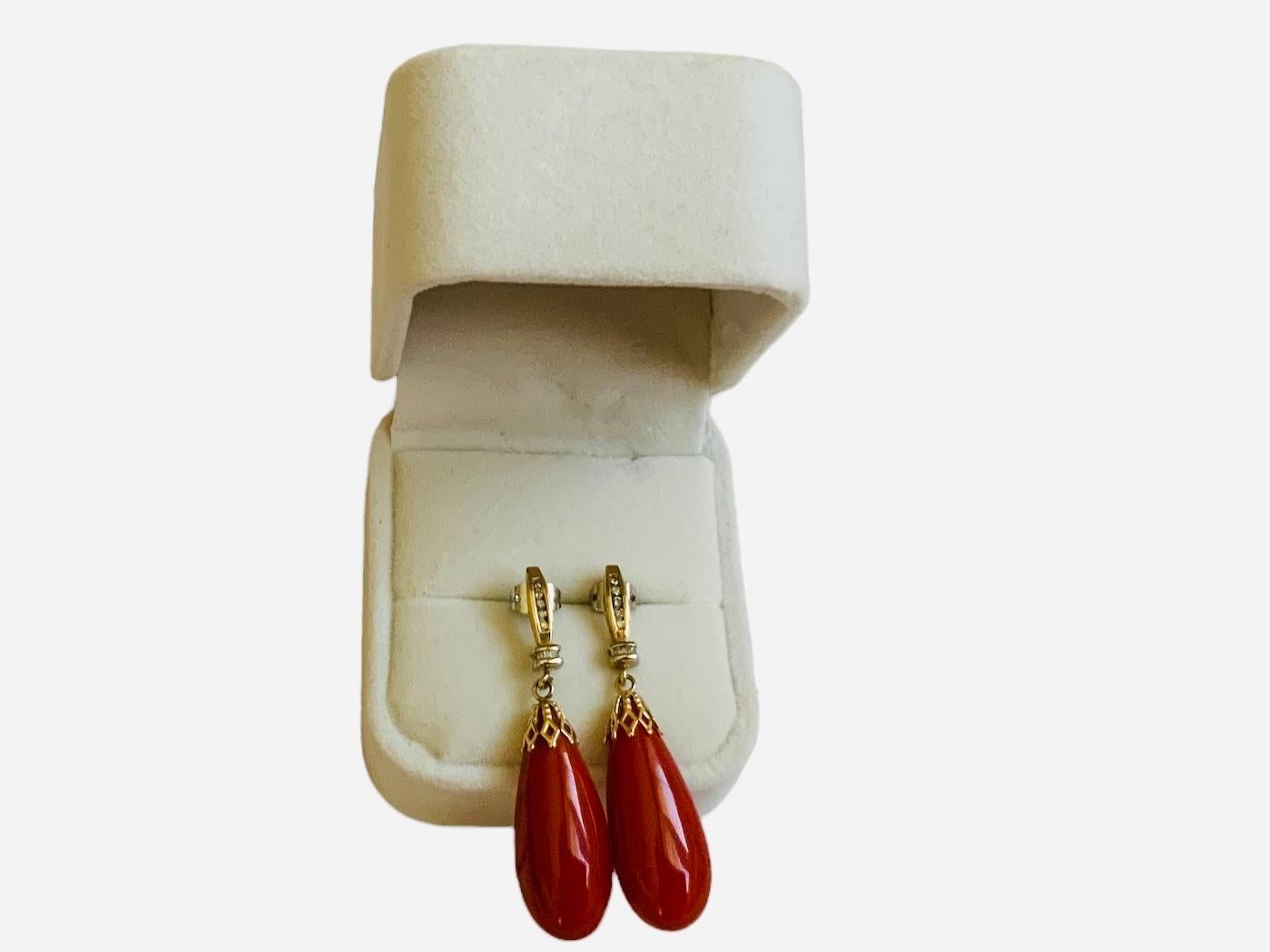 14k Yellow Gold Coral and Diamonds Pair of Drop Earrings 4