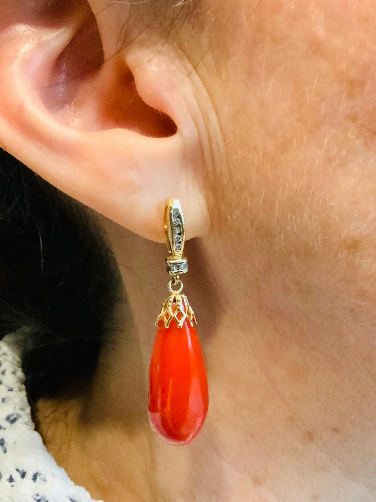 14k Yellow Gold Coral and Diamonds Pair of Drop Earrings 5