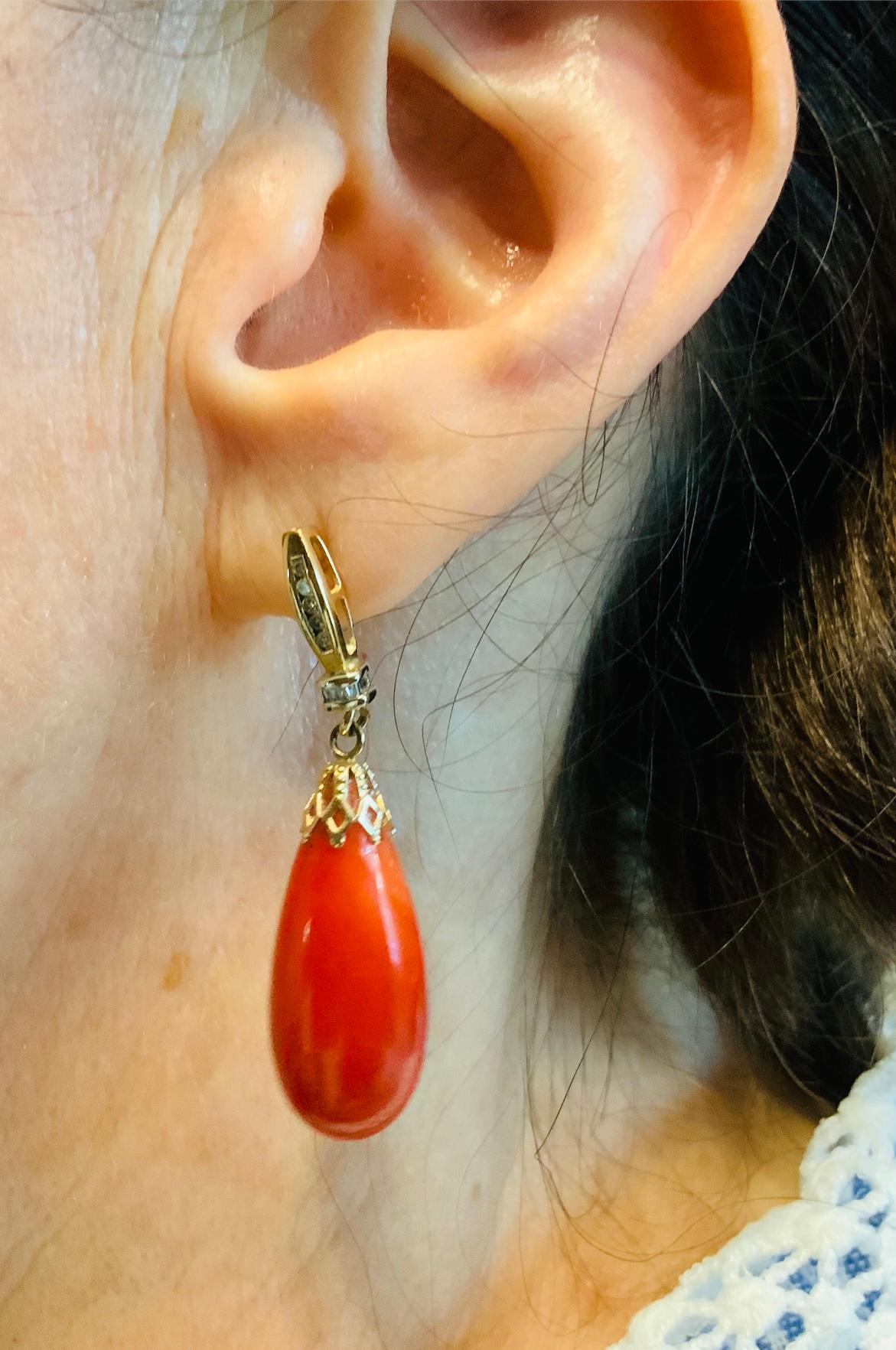 14k Yellow Gold Coral and Diamonds Pair of Drop Earrings 6