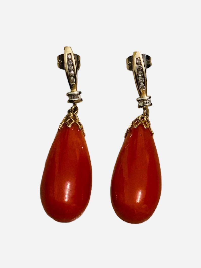 14k Yellow Gold Coral and Diamonds Pair of Drop Earrings 7