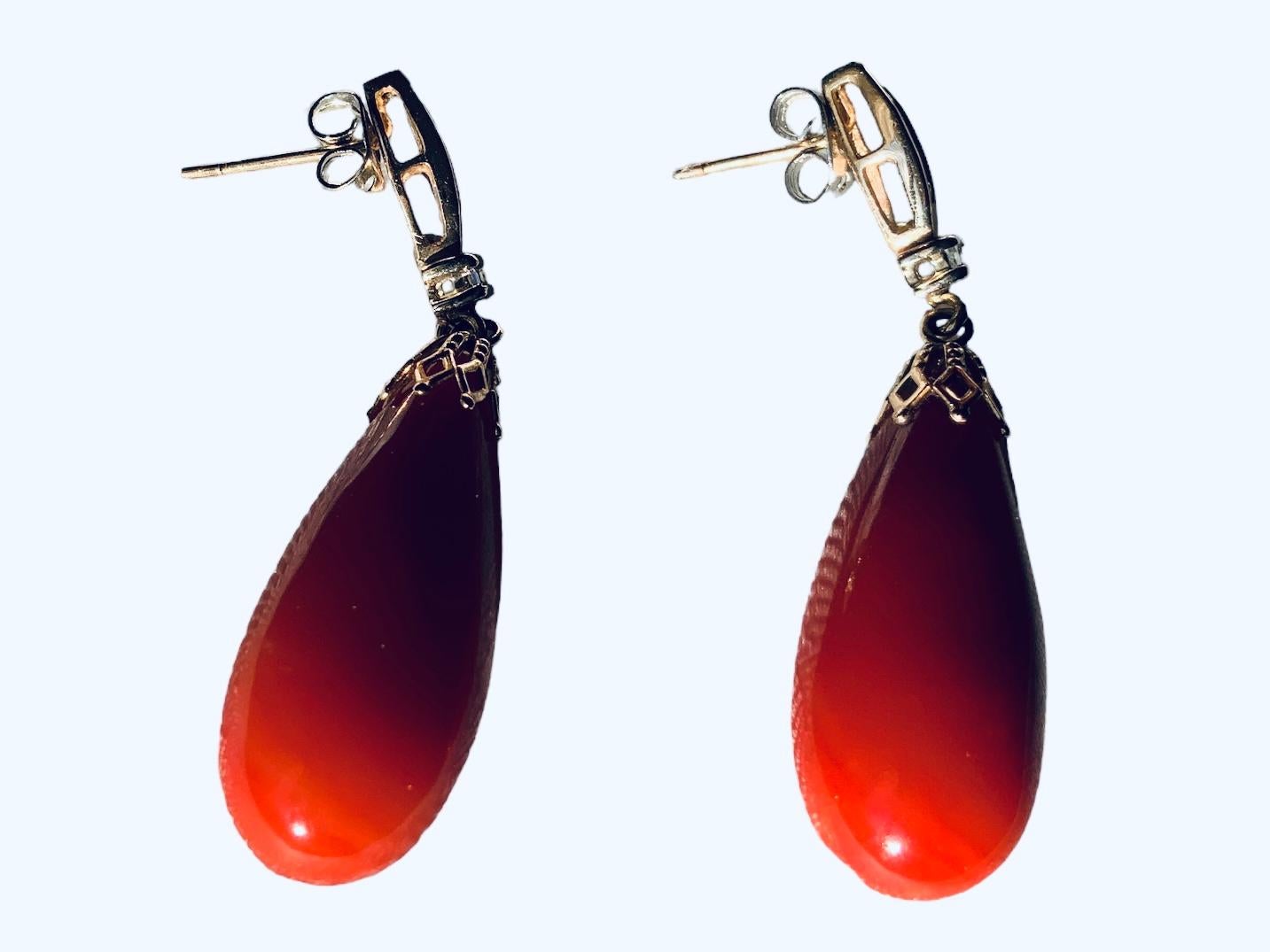 Pear Cut 14k Yellow Gold Coral and Diamonds Pair of Drop Earrings