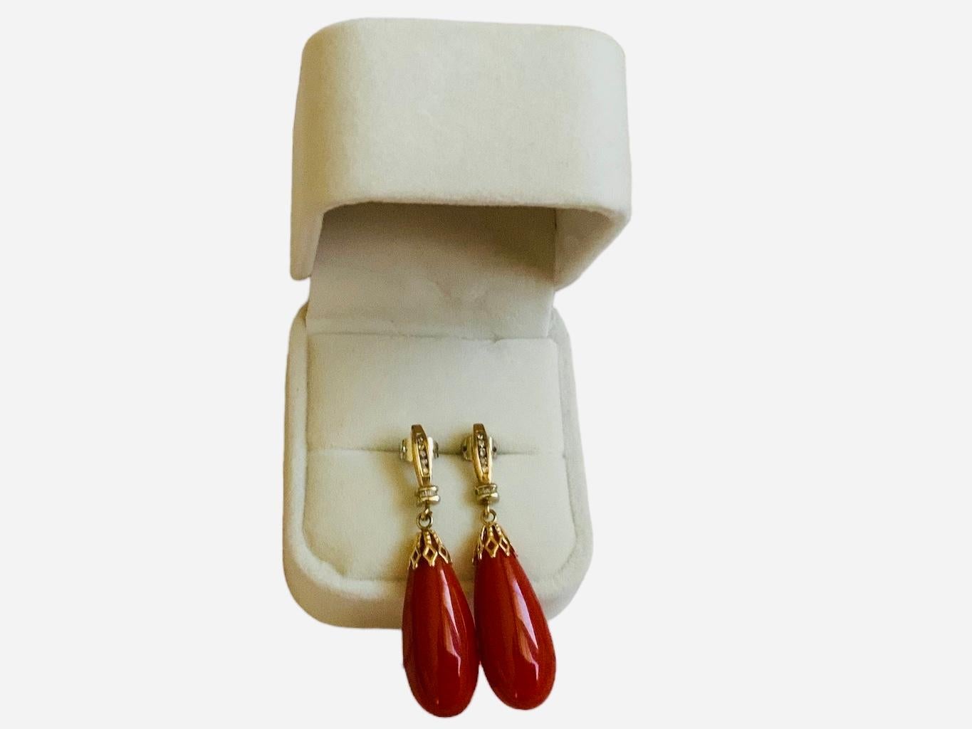 14k Yellow Gold Coral and Diamonds Pair of Drop Earrings 1