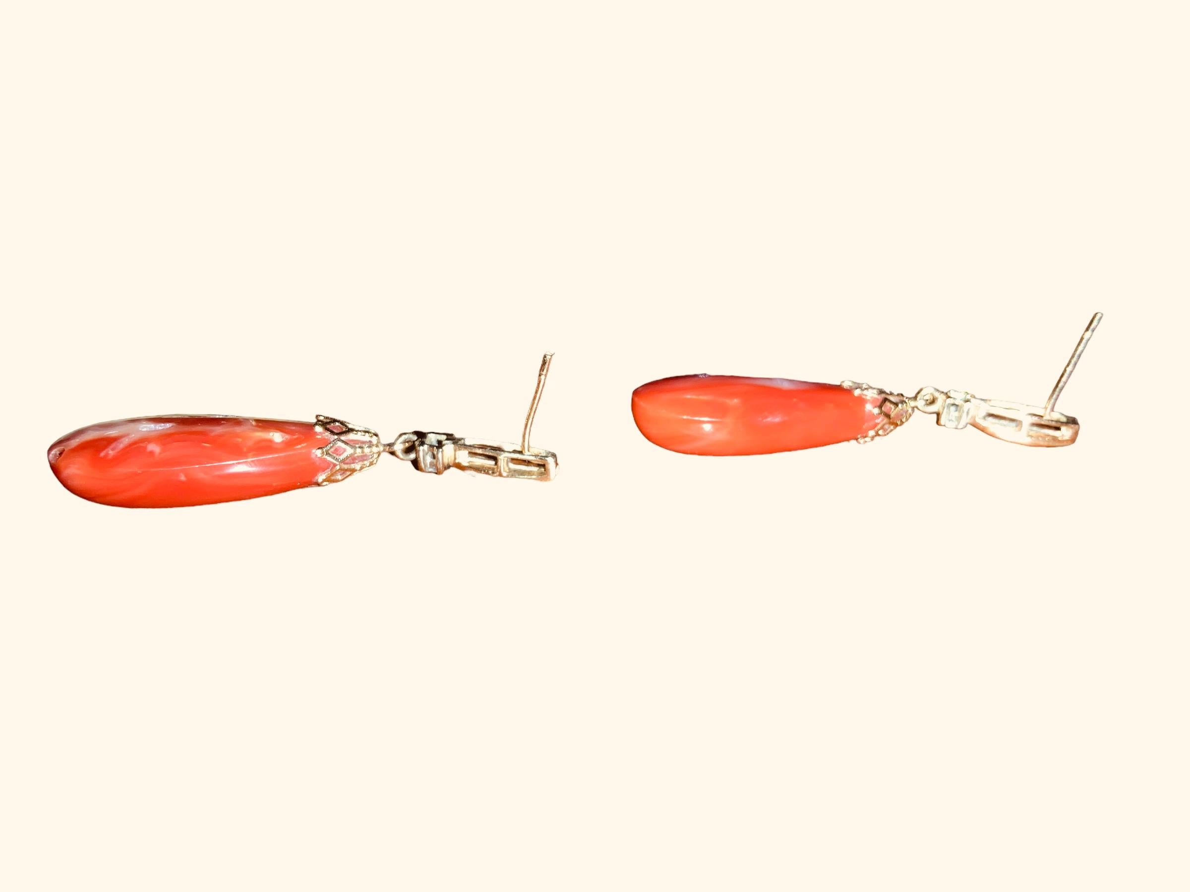 14k Yellow Gold Coral and Diamonds Pair of Drop Earrings 2