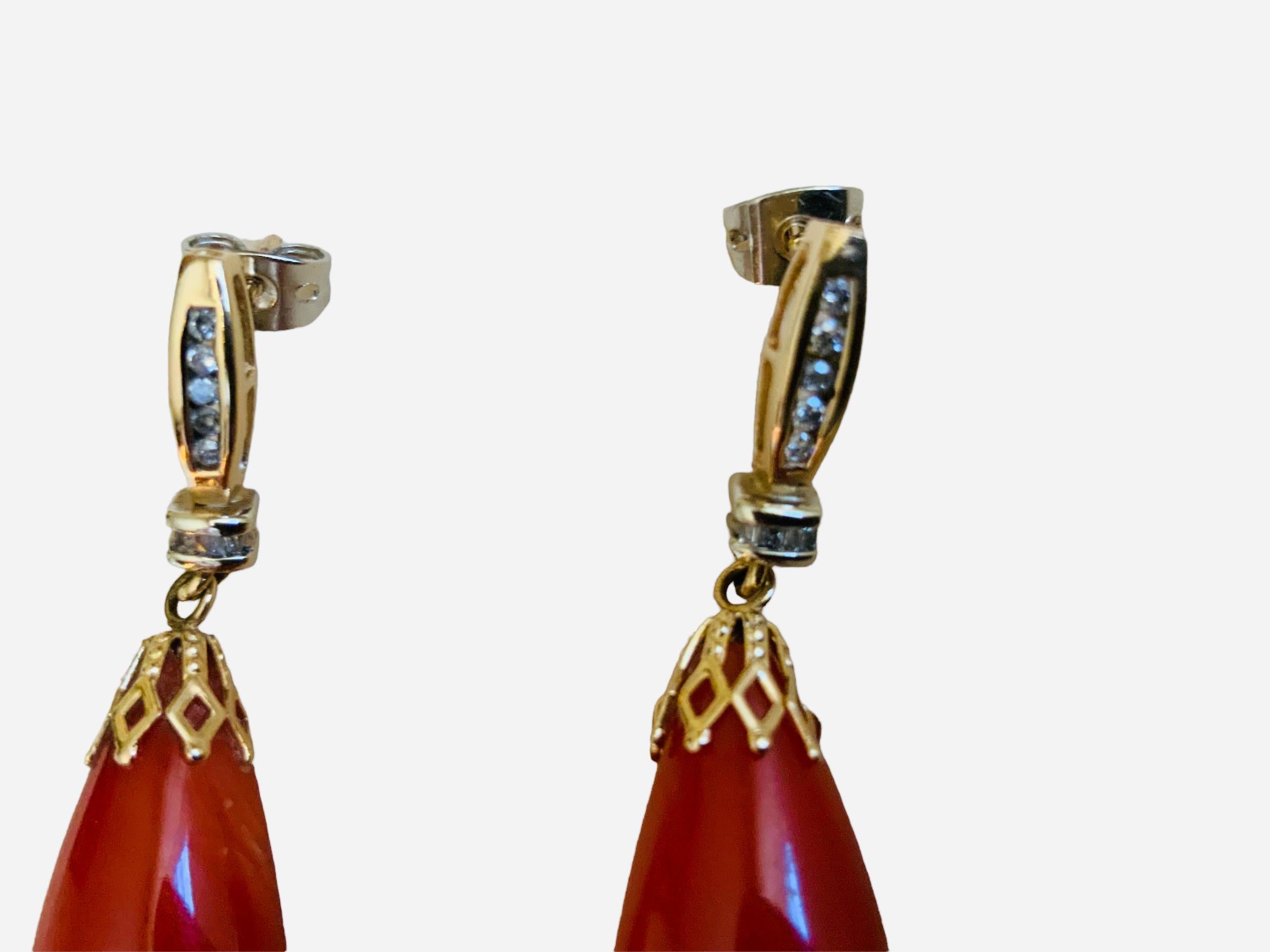 14k Yellow Gold Coral and Diamonds Pair of Drop Earrings 3